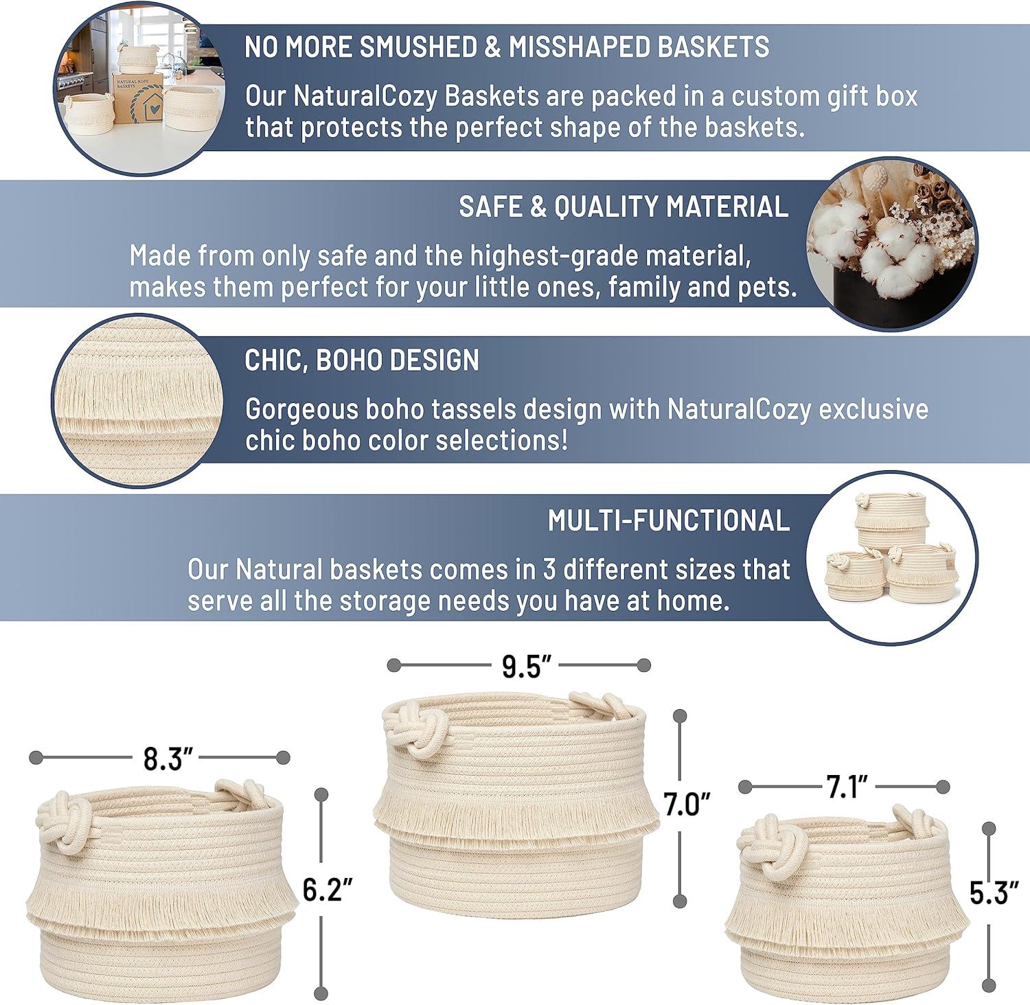 NaturalCozy 3-Piece Boho Decor Storage Basket Set – Cotton Rope Woven Baskets for Organizing! Small Baby Stuff, Shower, Gift Basket, Nursery Planter, Toy Shelves