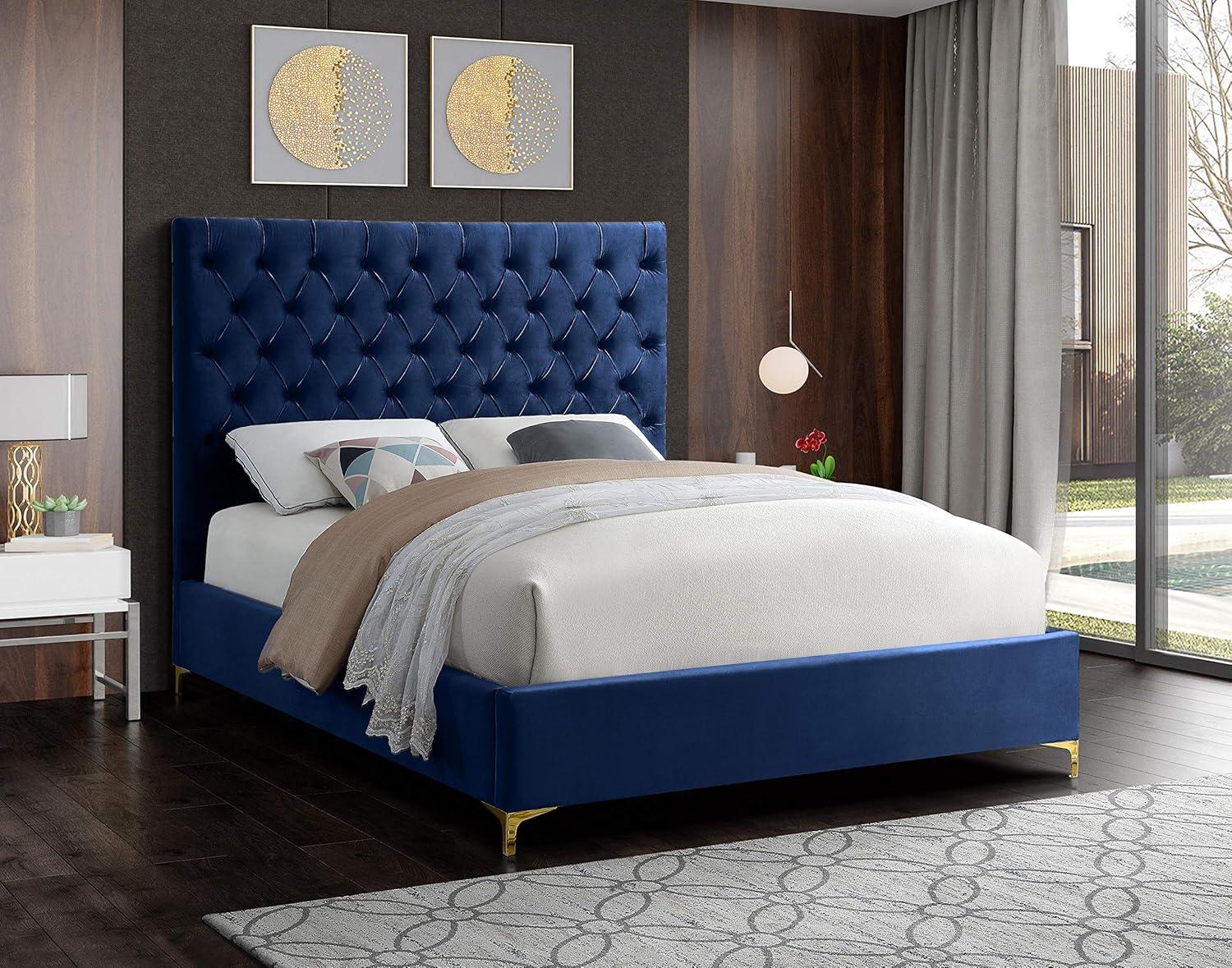 Meridian Furniture Cruz Solid Wood Tufted Velvet Queen Bed in Navy