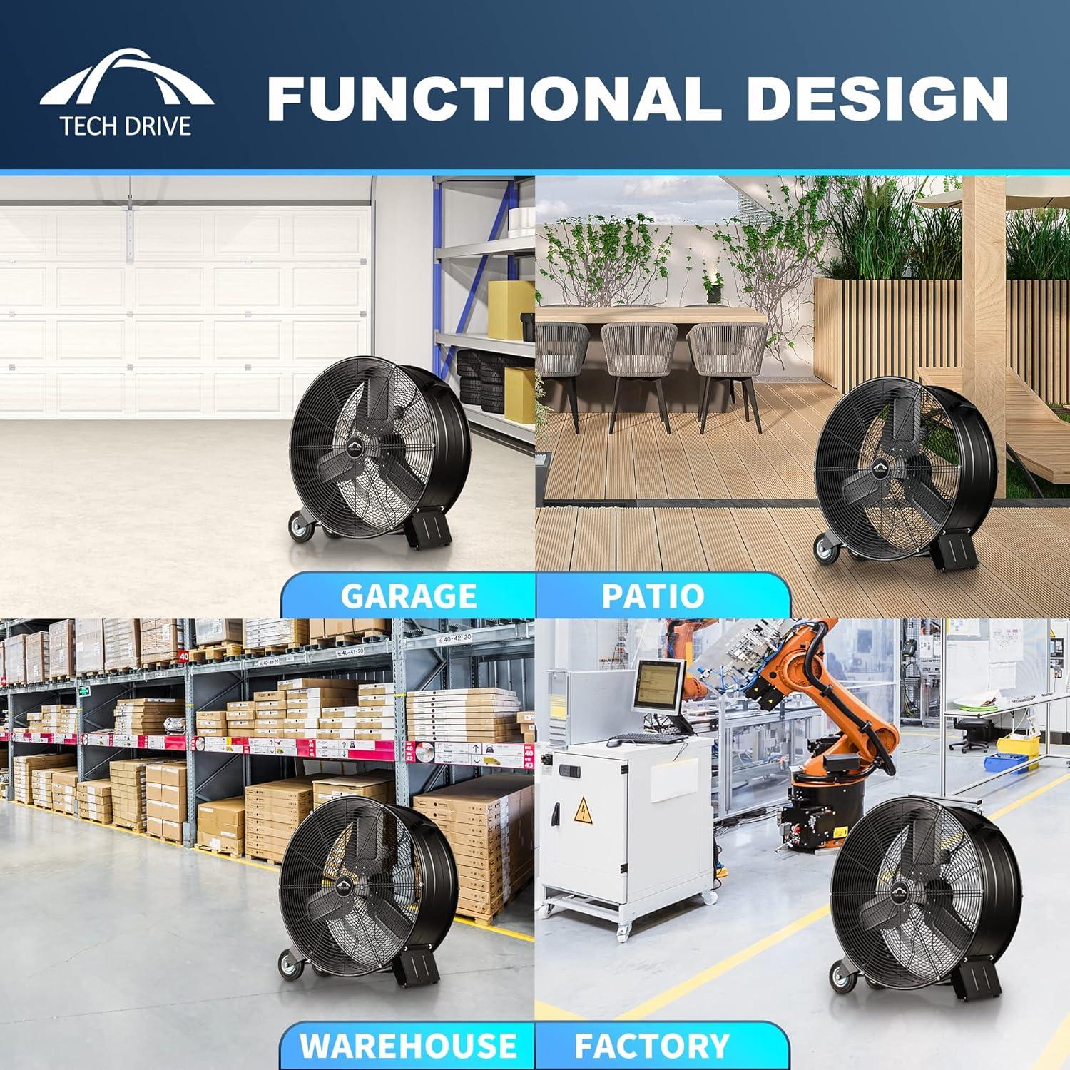 Tech Drive Heavy Duty Metal Industrial Drum Fan, 24 inch High Velocity Shop Fan, 2 Speed Large Floor Fan for Warehouse, Workshop, Factory, Garage, All Metal, Black