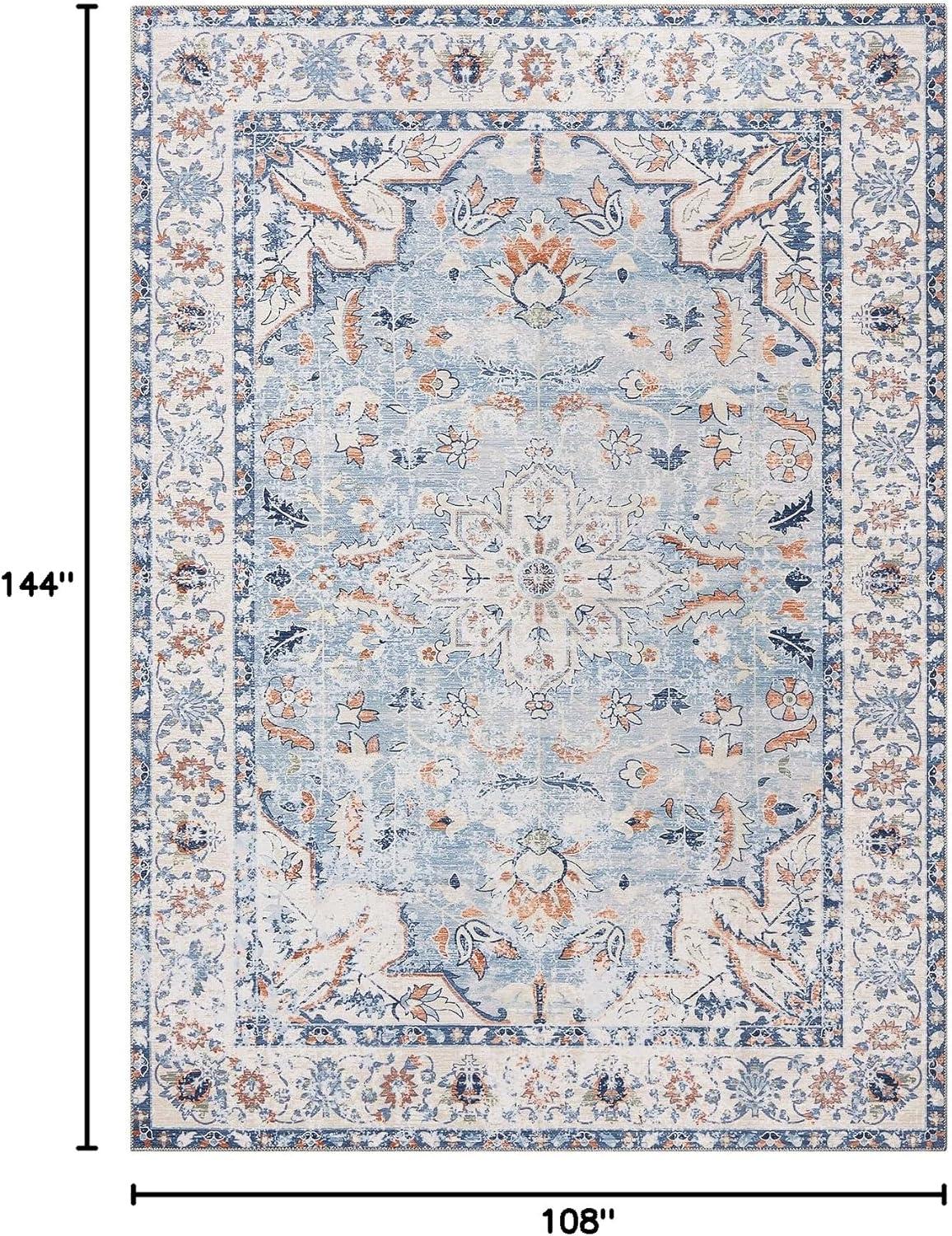 9x12 Area Rug Vintage Medallion Distressed Rug Machine Washable Area Rugs for Living Room Non-Slip Stain Resistant Accent Rug, Blue