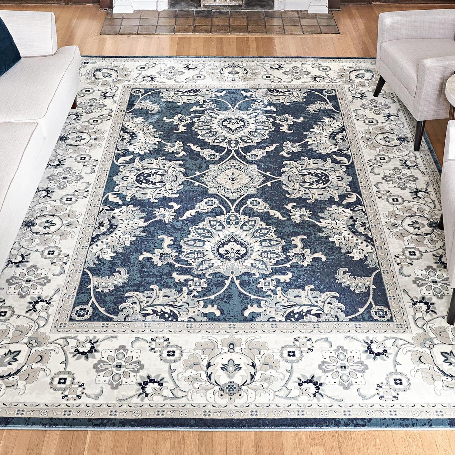 Majestic Moena Navy Blue Traditional Floral Oriental Border Area Rug