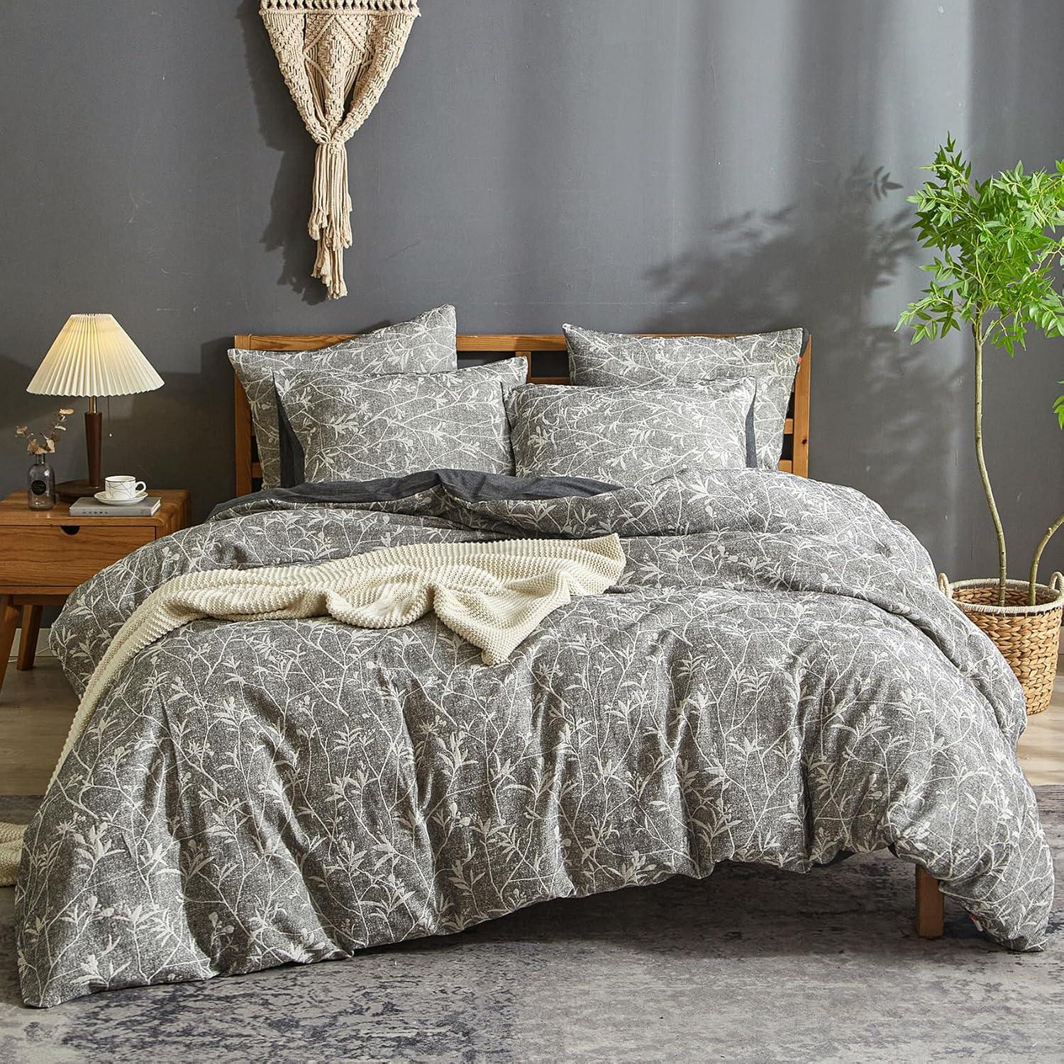 Ivellow Linen Cotton Blend Duvet Cover Set Queen - Jaquard Floral Textured Ultra Soft Breathable Grey Botanical Garden Flower Leaves Branch Bedding Set 3 Pcs