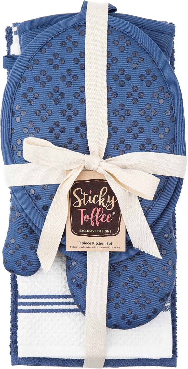 Sticky Toffee Kitchen Towels Dishcloths Oven Mitts and Pot Holders Set of 9, 100% Cotton Terry, Non-Slip Silicone, Dark Blue