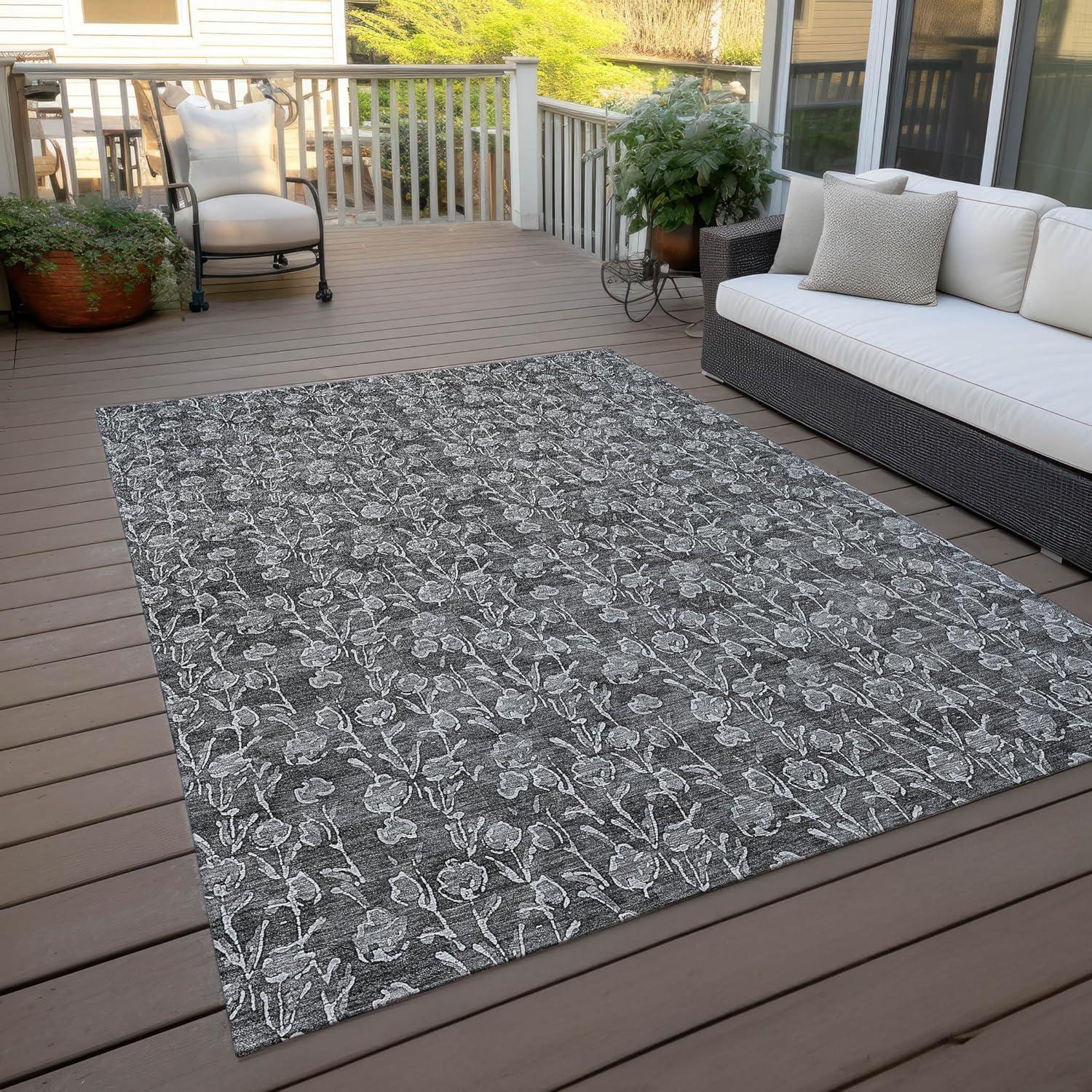 Gray Floral Synthetic Rectangular Indoor/Outdoor Area Rug