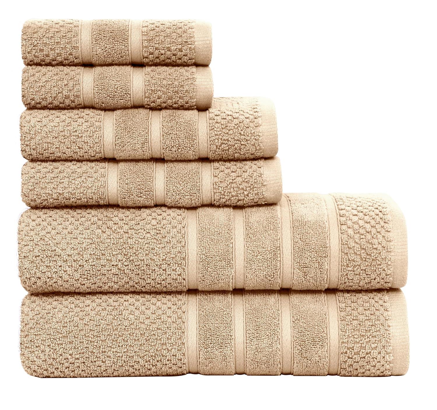 Feather & Stitch 100% Cotton 625 GSM Bath Towel Set of 6, Ultra Soft Highly Absorbent 2 Bath Towels, 2 Hand Towels & 2 Washcloth - Luxury Quick Dry Shower Towels (Linen)