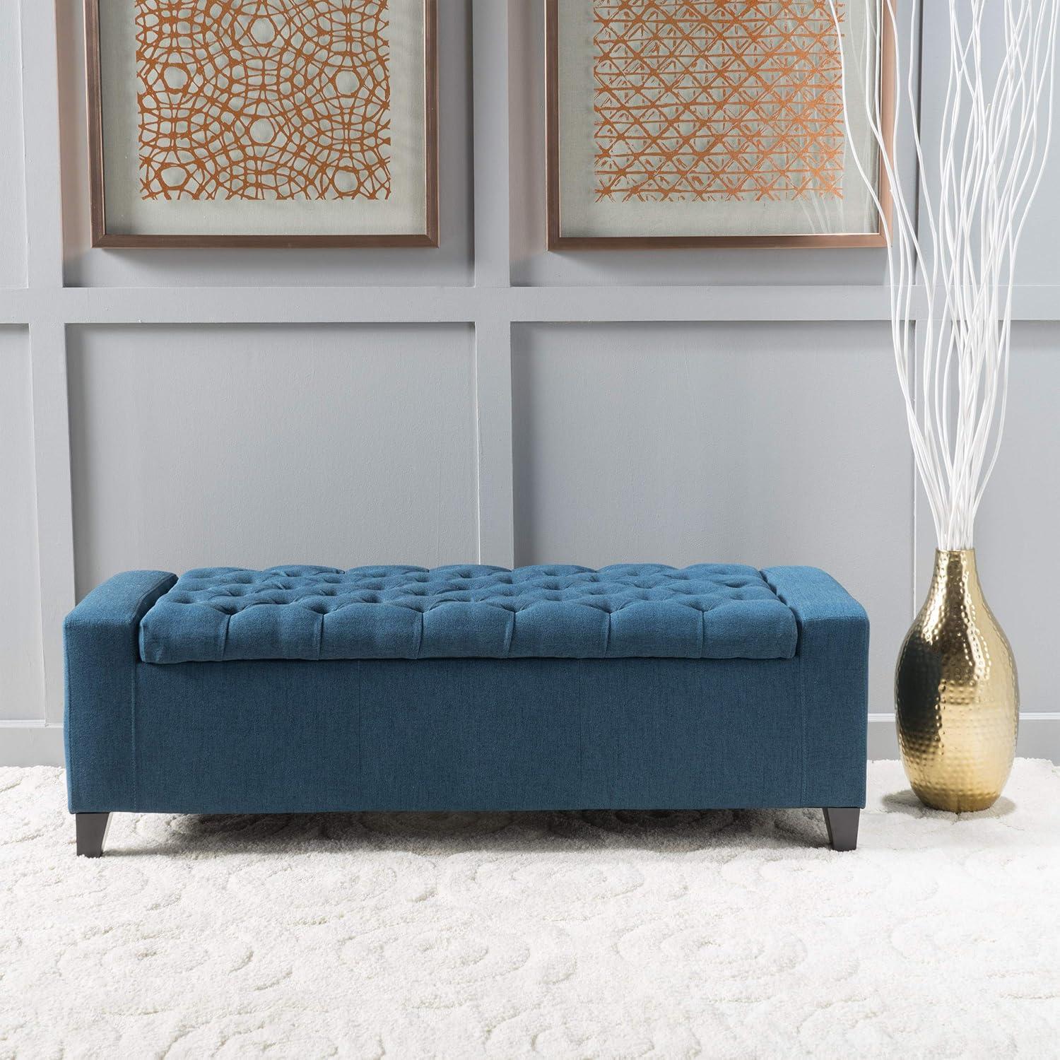 Dark Blue Tufted Fabric Storage Ottoman with Birch Legs