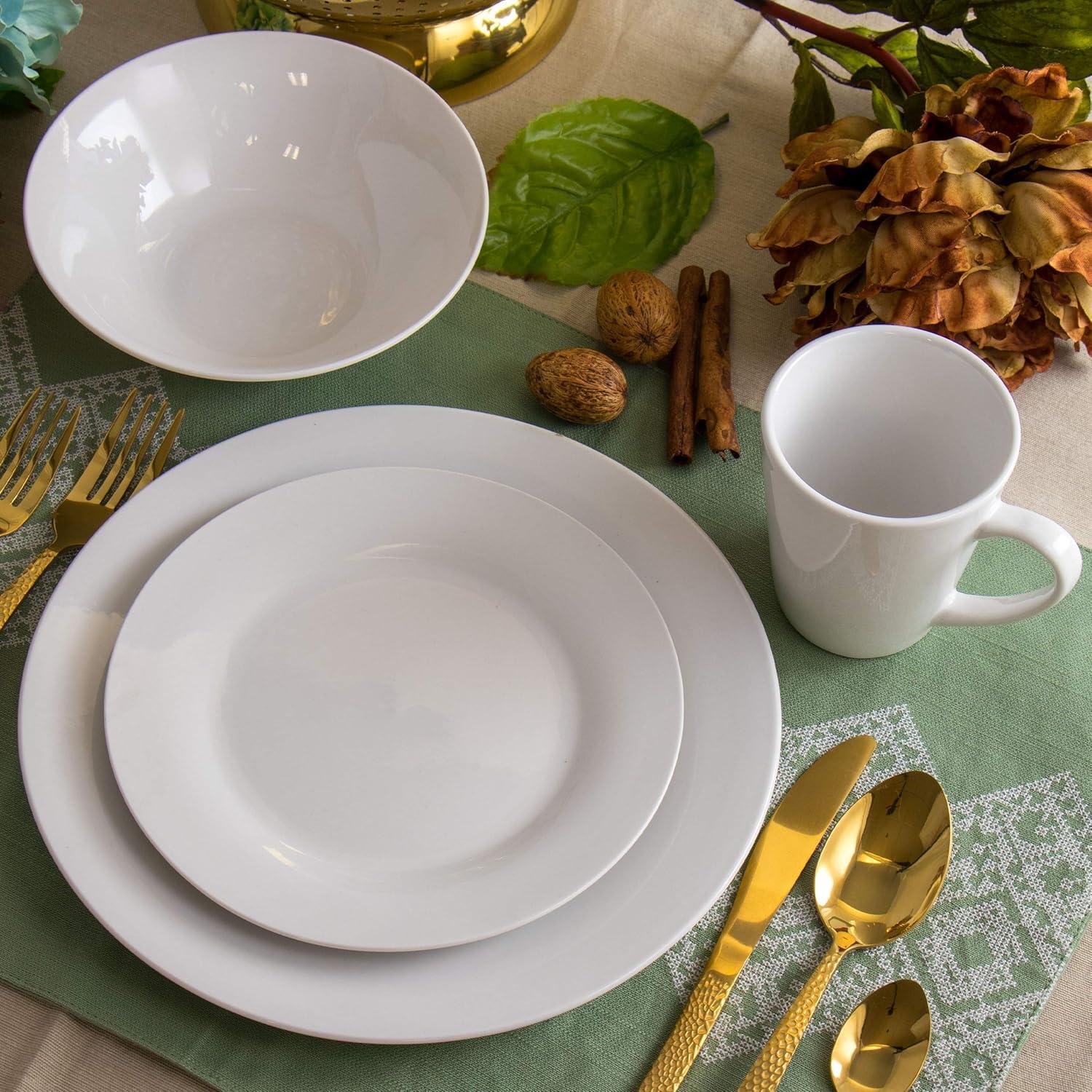 White Glossy Porcelain Round Dinnerware Set, Service for 4