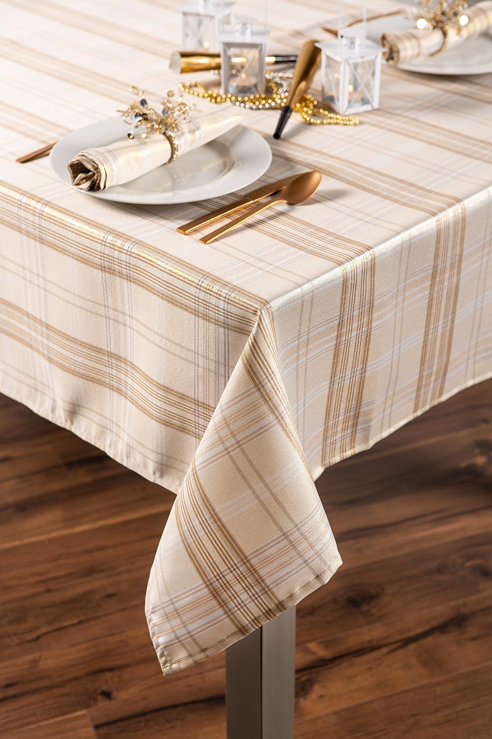 60 x 104 in. Cream Metallic Plaid Tablecloth