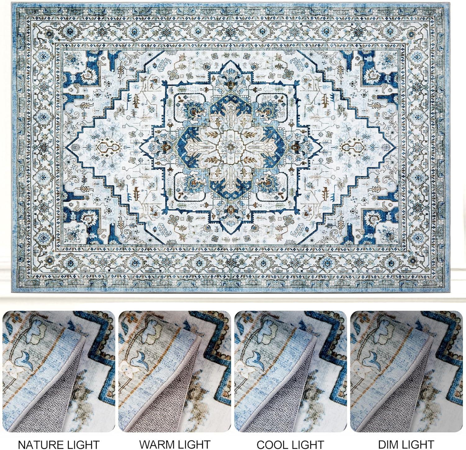 GlowSol 8x10 Floral Area Rug for Living Room Bedroom Retro Distressed Area Rug Traditional Medallion Non-Slip Low Pile Carpet Floor Decoration, Blue