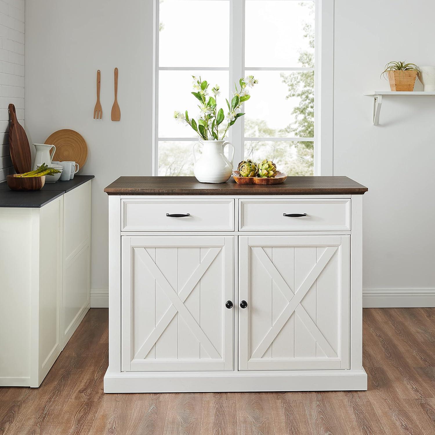 Clifton 36" Distressed White and Brown Modern Farmhouse Kitchen Island