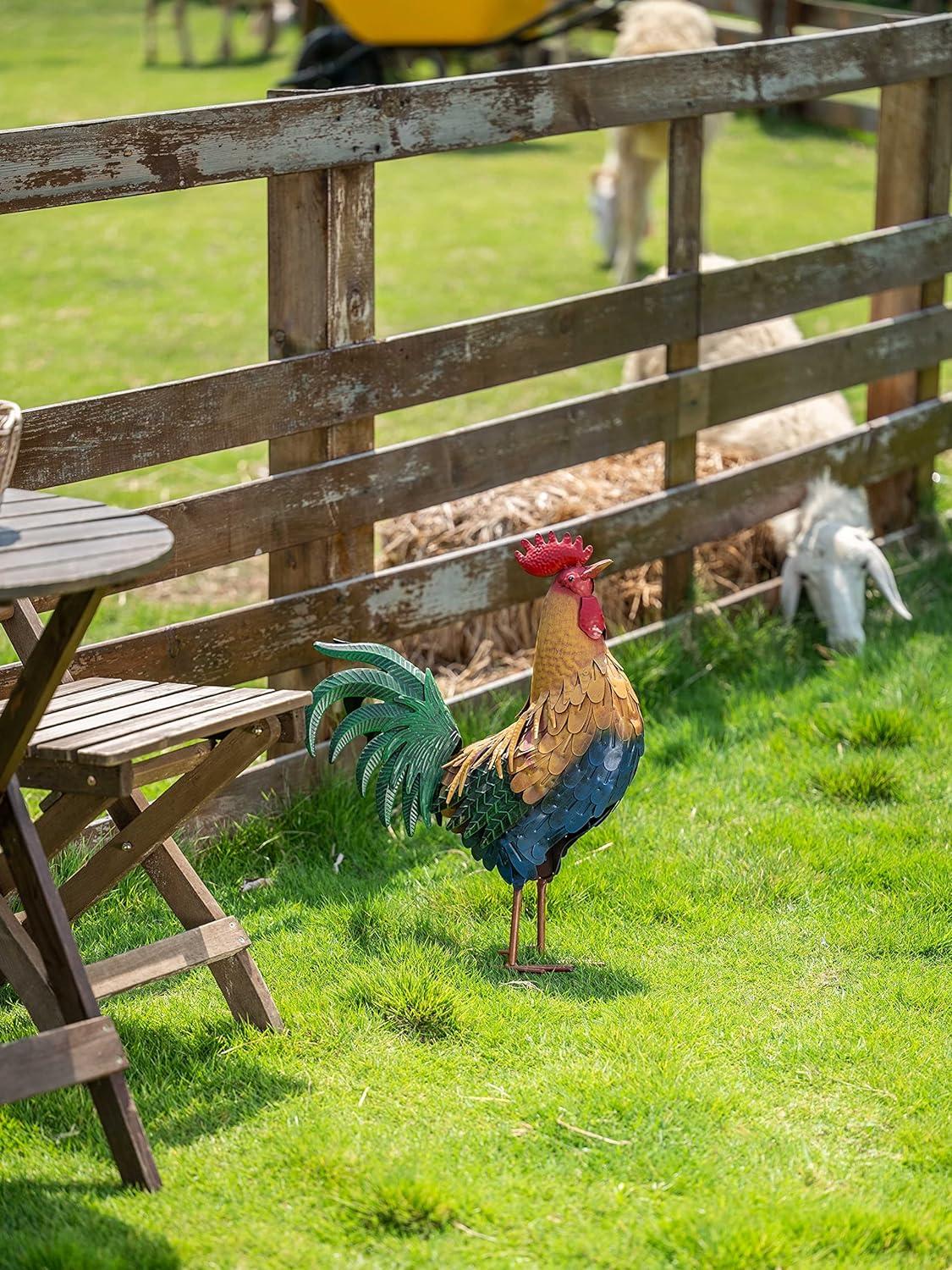 Large Multicolor Metal Rooster Freestanding Outdoor Decor