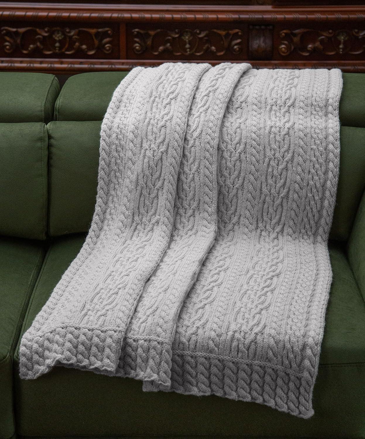 SAOL Aran Knit Throe Blanket Made of Soft Wool Blend Cozy Cover for Sofa or Bed 71"x45" (Grey)