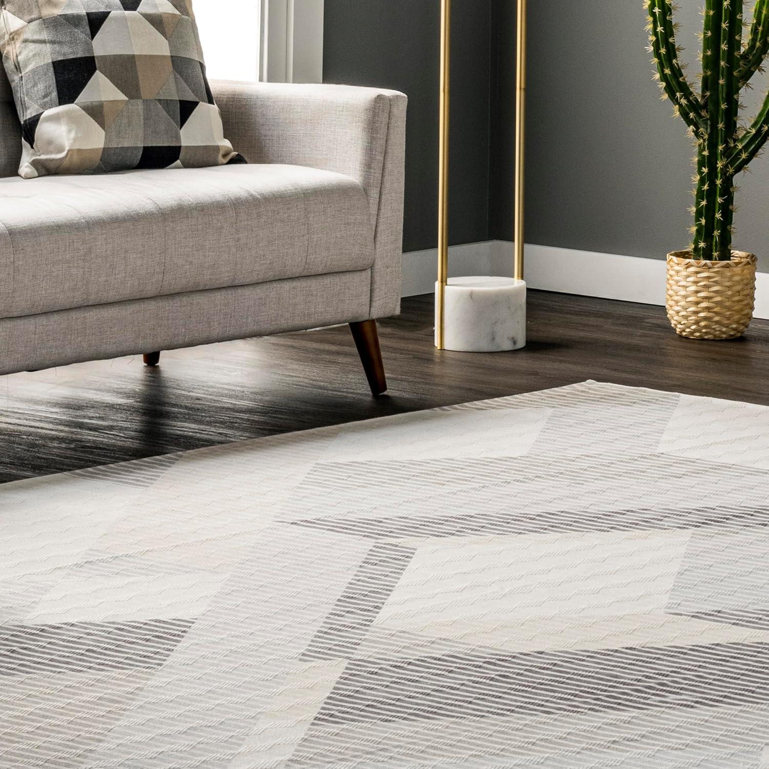 Modern Striped Beige Viscose 2'6" x 8' Washable Runner Rug