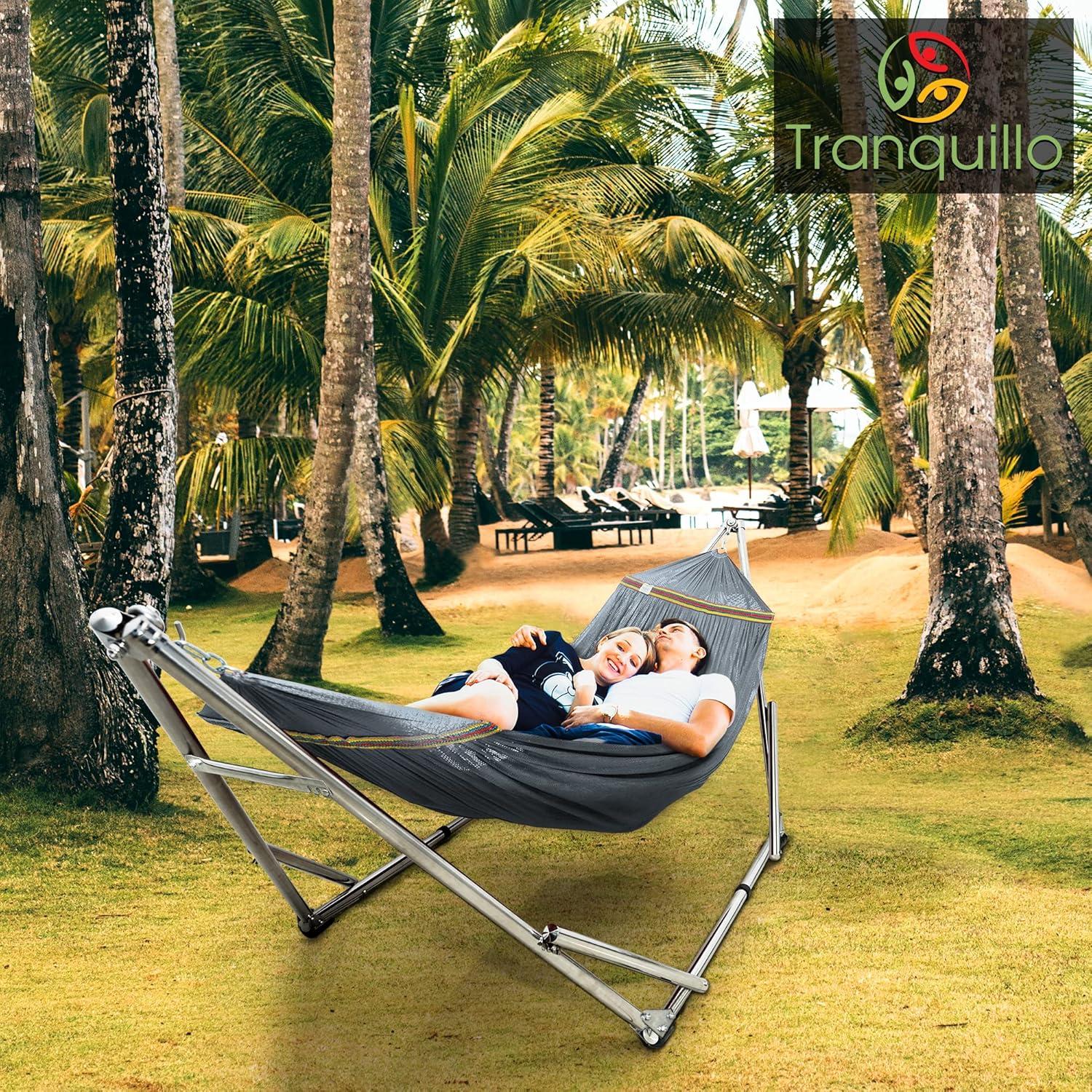 Tranquillo Adjustable Hammock Stand, Collapsible Camping Hammock and Stand, 650 lbs Capacity Deluxe Double Hammock Stand for 2 Persons, Portable Everywhere Easy Assembly Non-Slip and Noise-Free, Grey