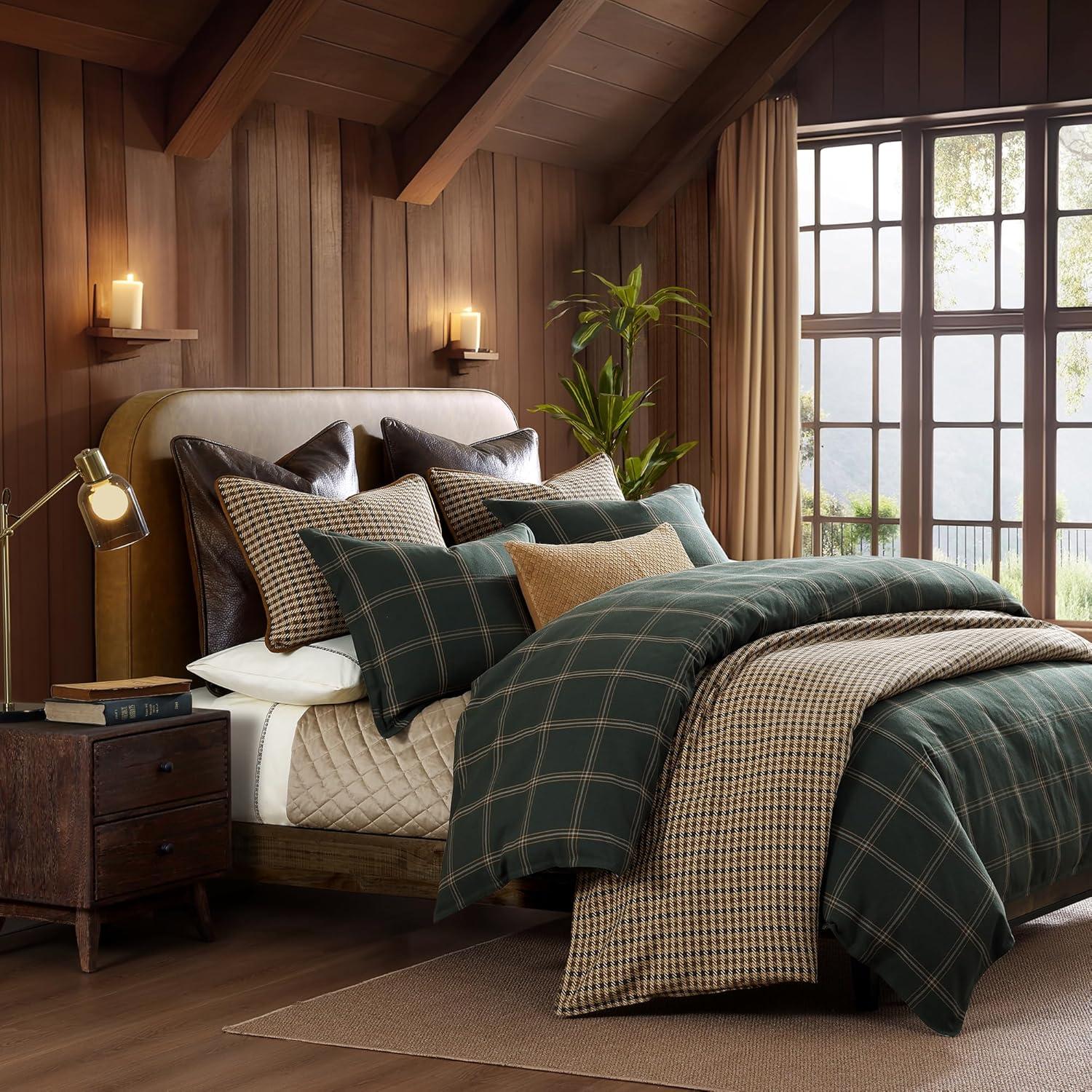 Hunter Green Plaid Cotton King Reversible Bedspread Set