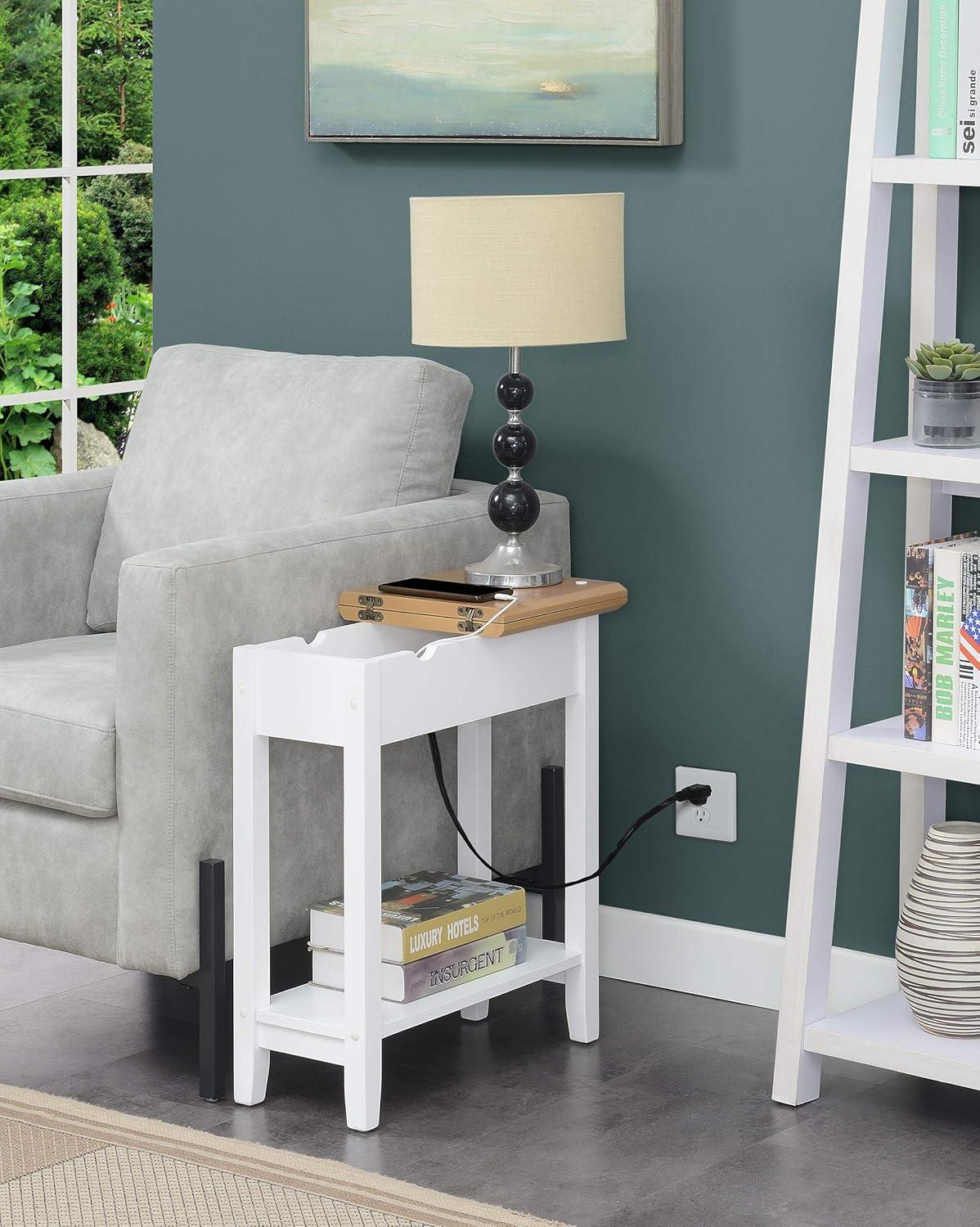 Convenience Concepts American Heritage Flip Top End Table with Charging Station and Shelf, Driftwood/White