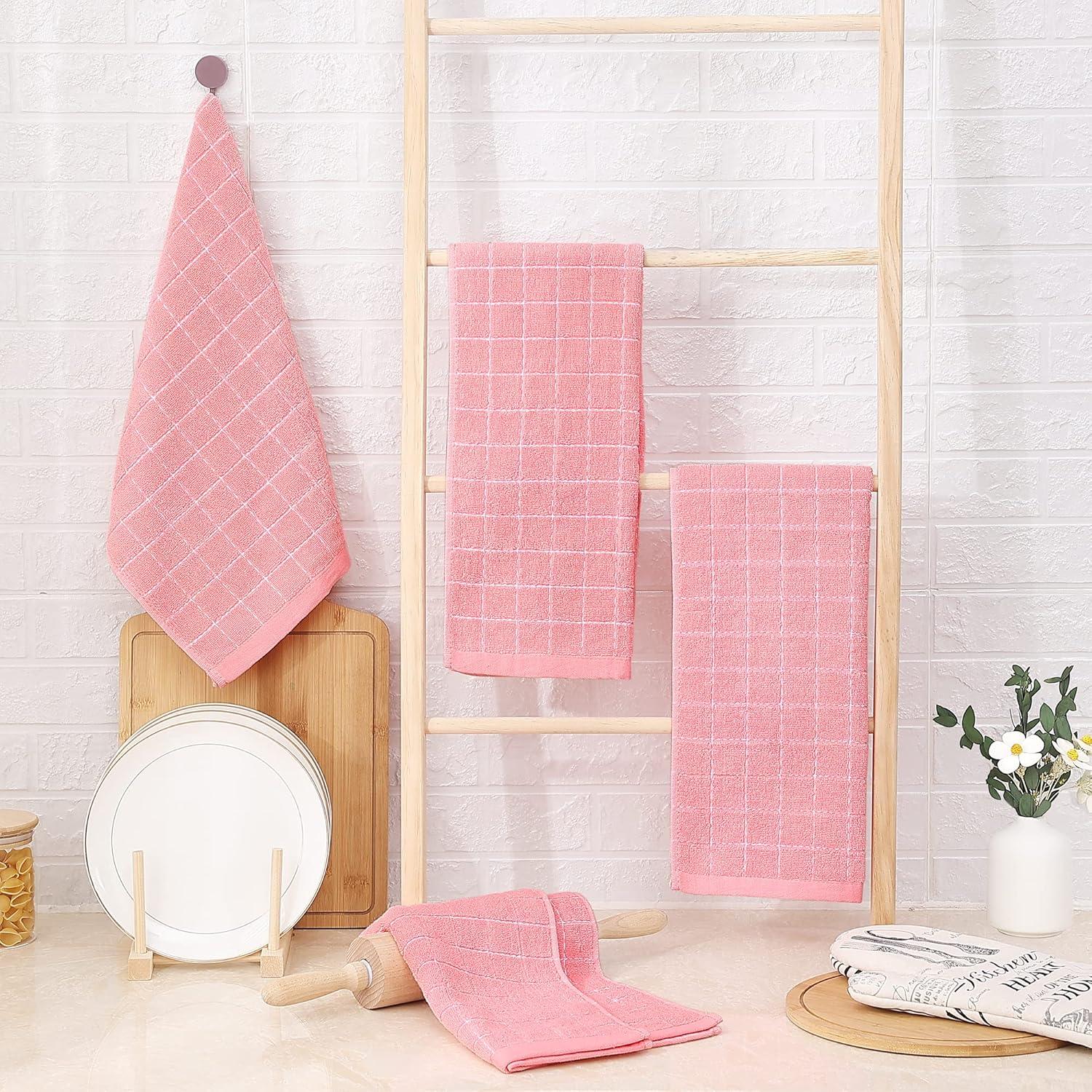 Pink Cotton Terry Checkered Kitchen Towels Set, 13 x 28 inches