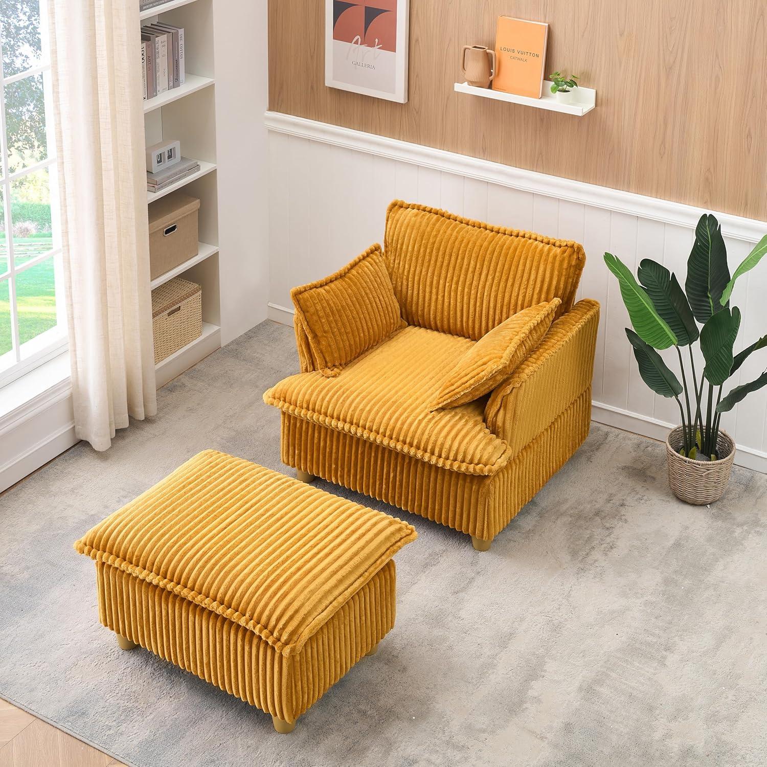 Everly Quinn This single-seat corduroy sofa comes with an ottoman and throw pillows