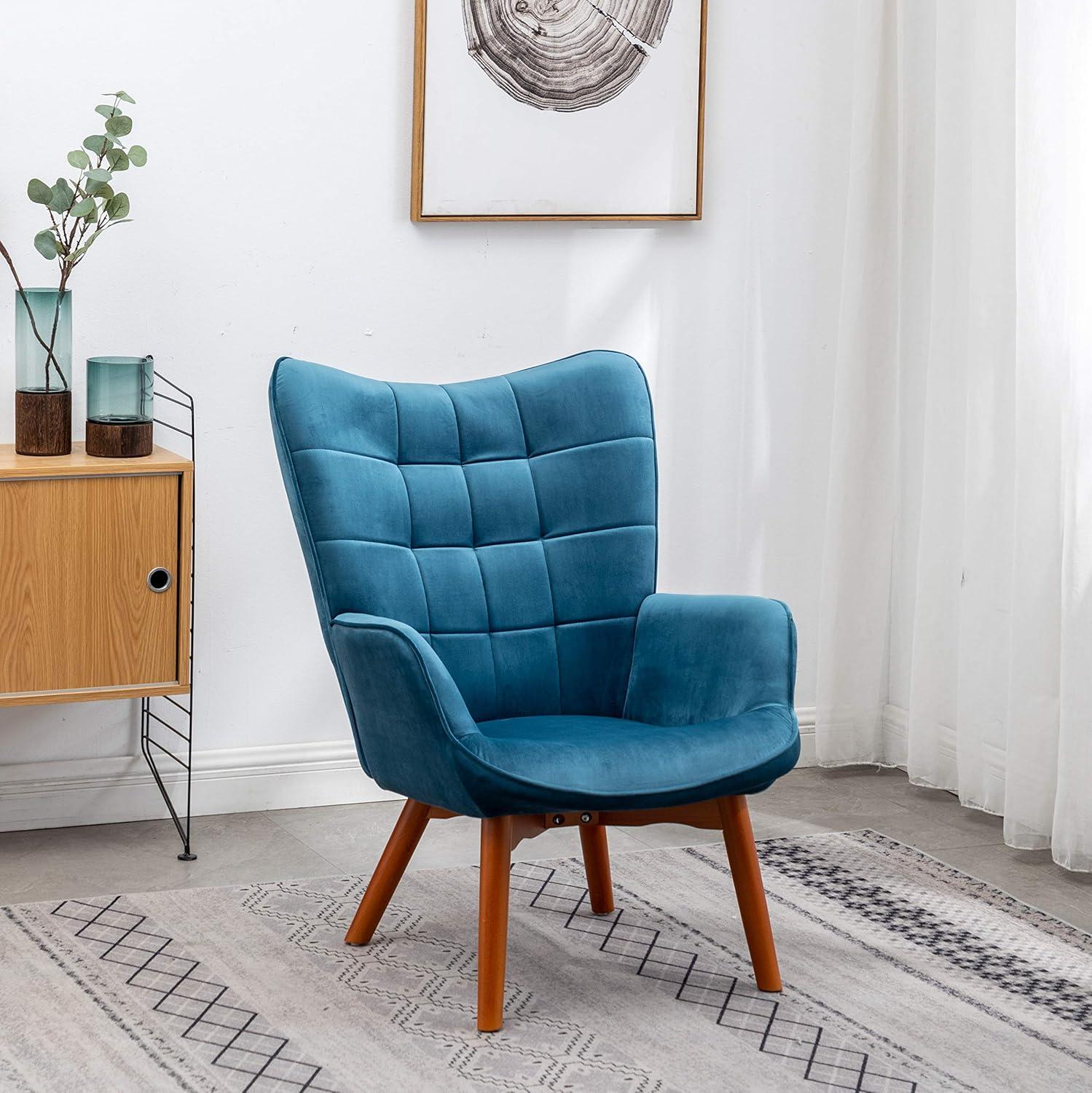 Carson Carrington  Aasen Silky Velvet Tufted Accent Chair with Ottoman Round Arms Arm Chairs Blue Rubberwood, Fabric