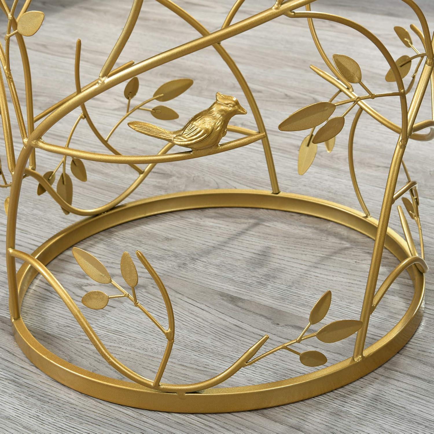 Elegant Gold Metal and Glass Round Accent Table with Bird and Branches Design