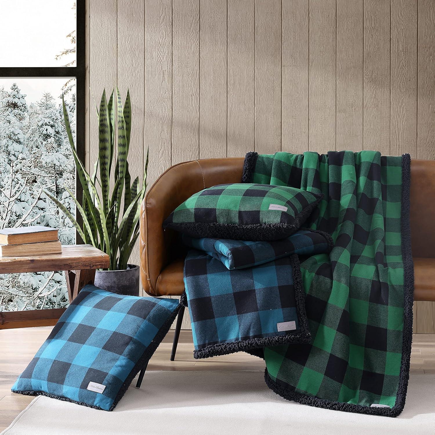 20"x20" Oversize Cabin Plaid Square Throw Pillow with 50"x60" Cabin Plaid Throw Blanket Set Blue/Black - Eddie Bauer