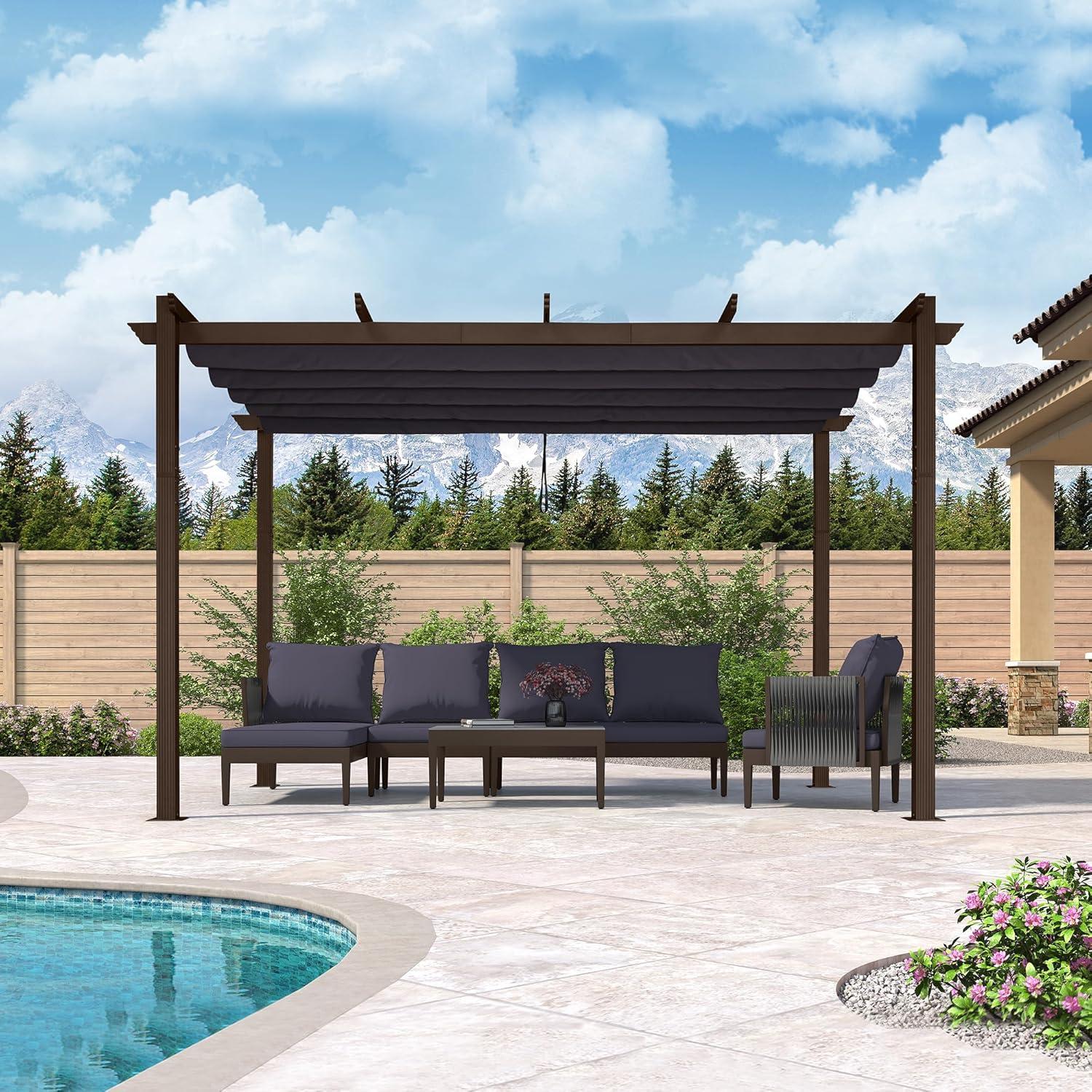 PURPLE LEAF Pergola 10' X 13' Outdoor Retractable Metal Patio Pergola with Shade Cover for Garden Yard Pavilion Grill for Beach Deck Gazebo, Terra