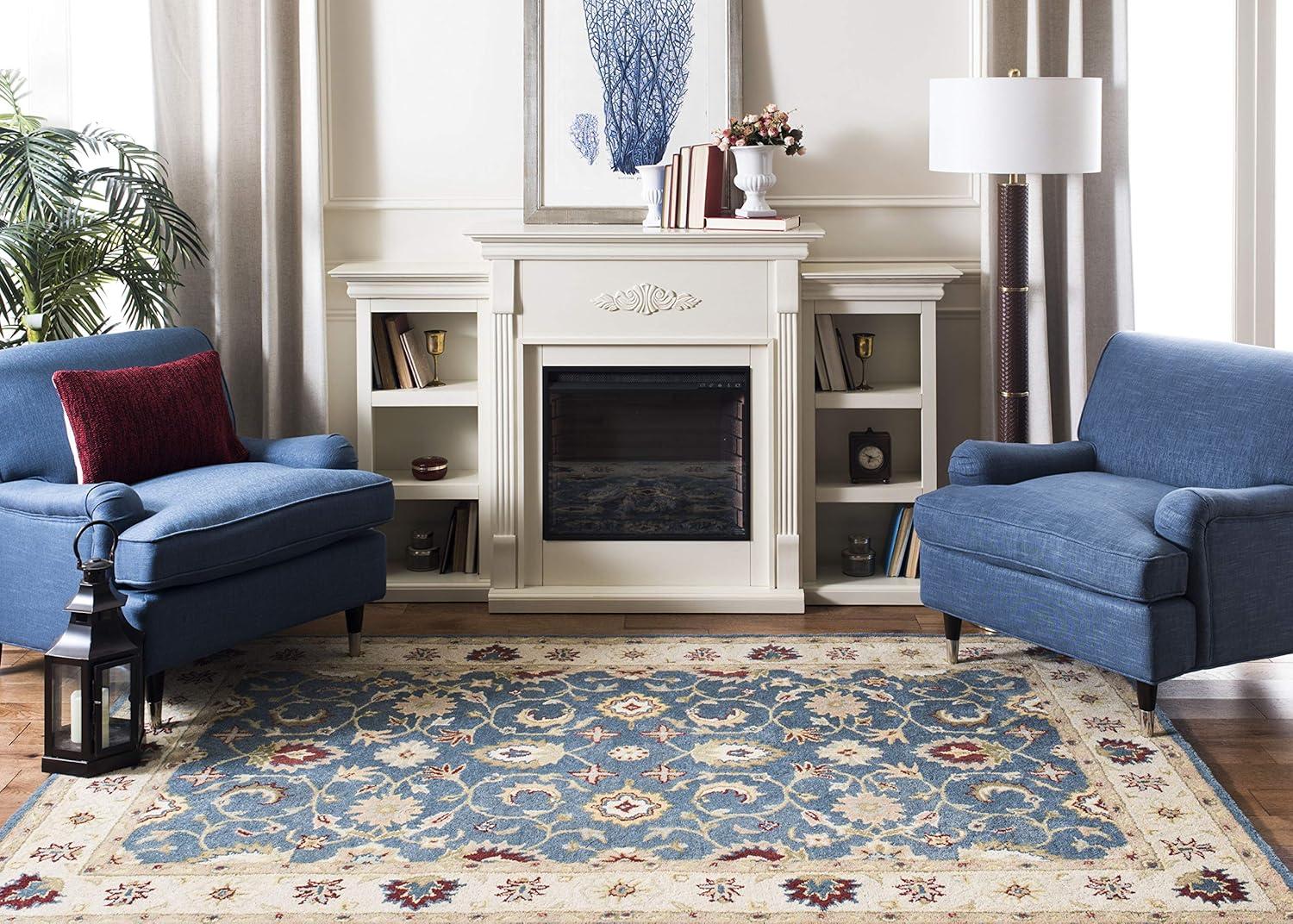 Antiquity Inspired Blue and Beige Handmade Wool Area Rug - 7'6" x 9'6"