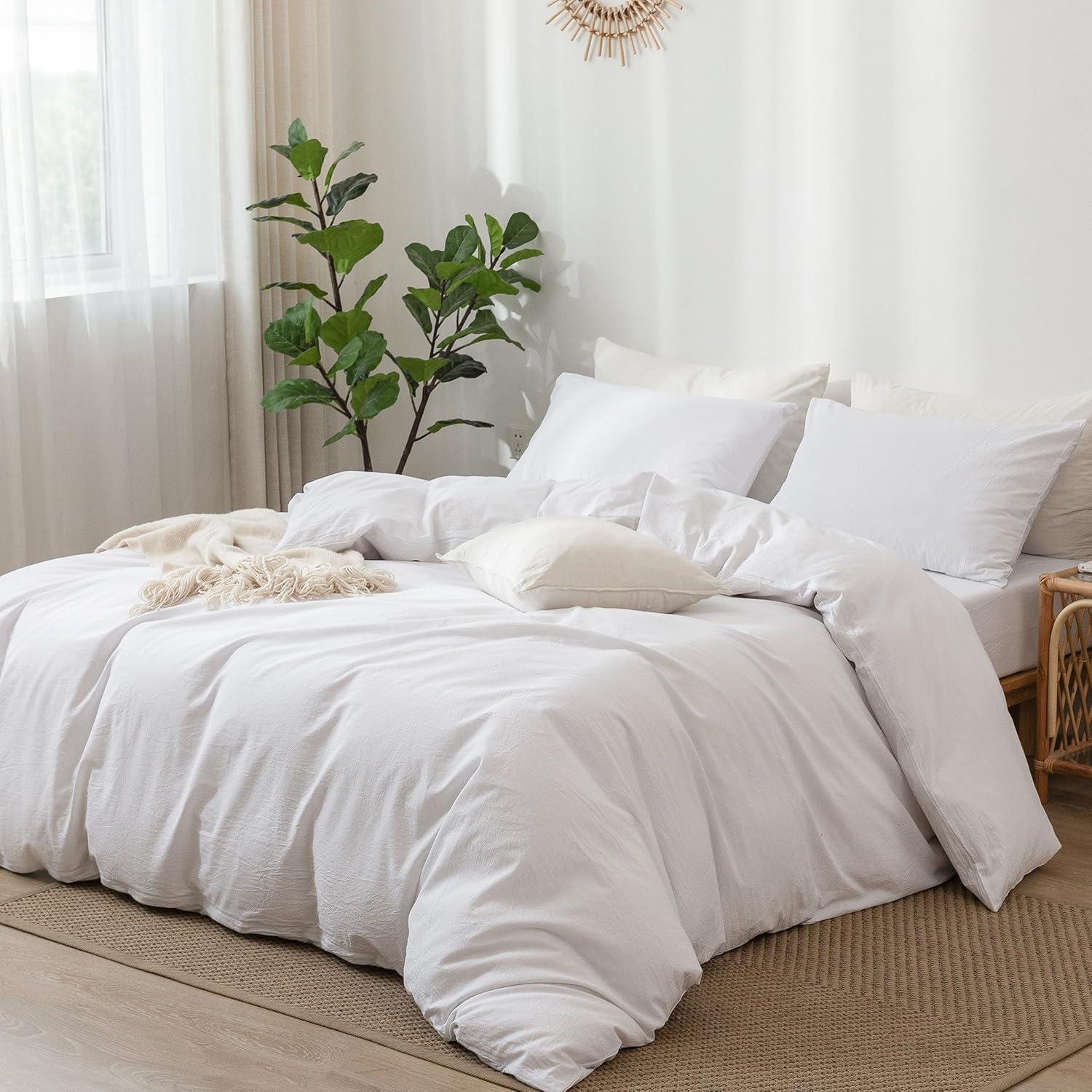 QUALITY FLOORING INC. Bedding Duvet Cover Set 100% Washed Cotton Linen Like Textured Breathable Durable Soft Comfy (Off White, King)