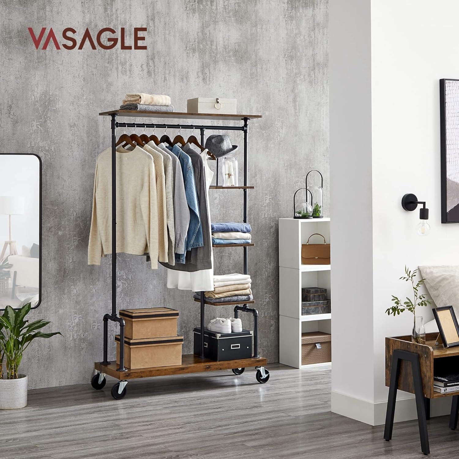 Clothes Rack,Rolling Clothes Organizer with 5-Tier, Industrial Pipe Style, Rustic Brown