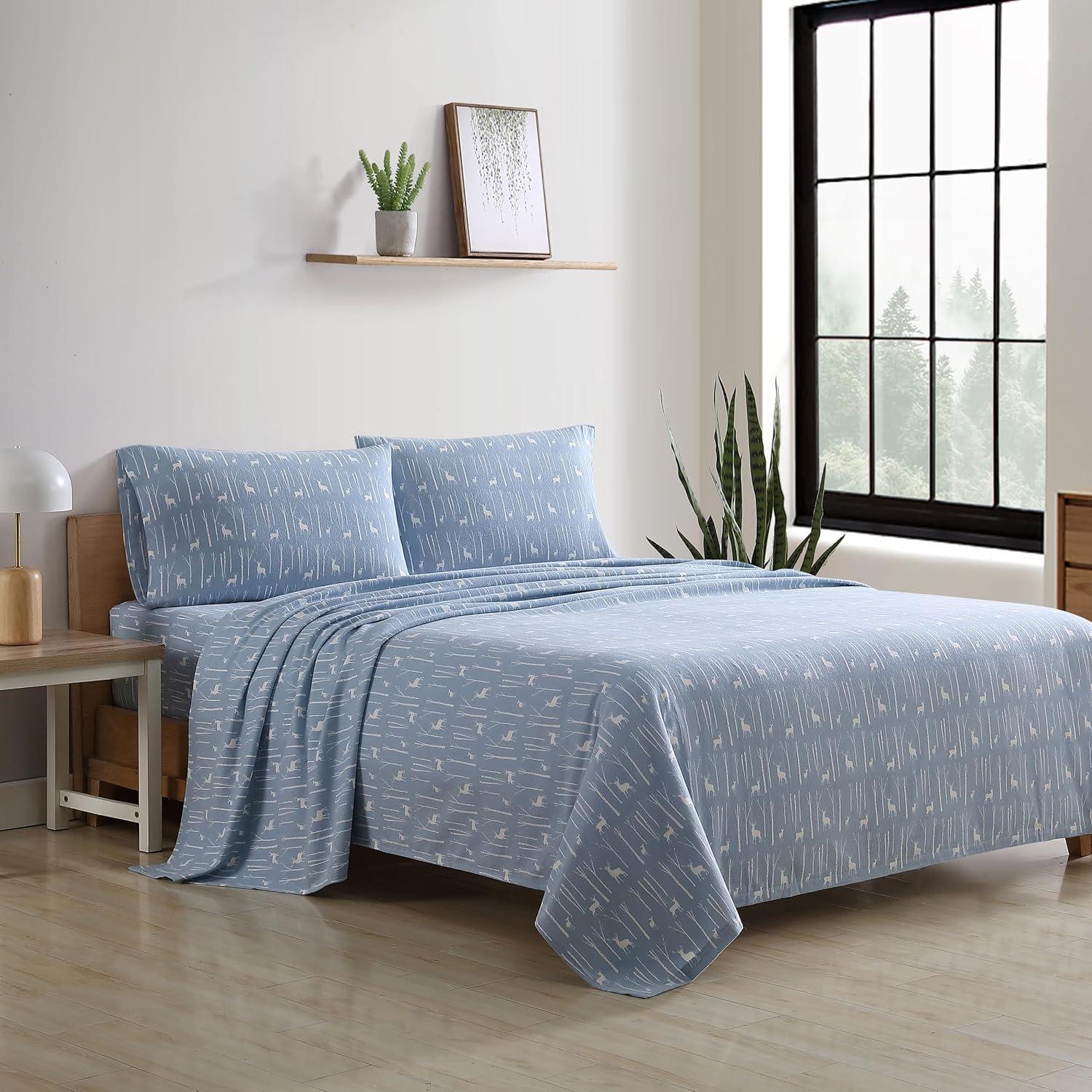 Twin Blue Cotton Flannel Birch Forest Sheet Set