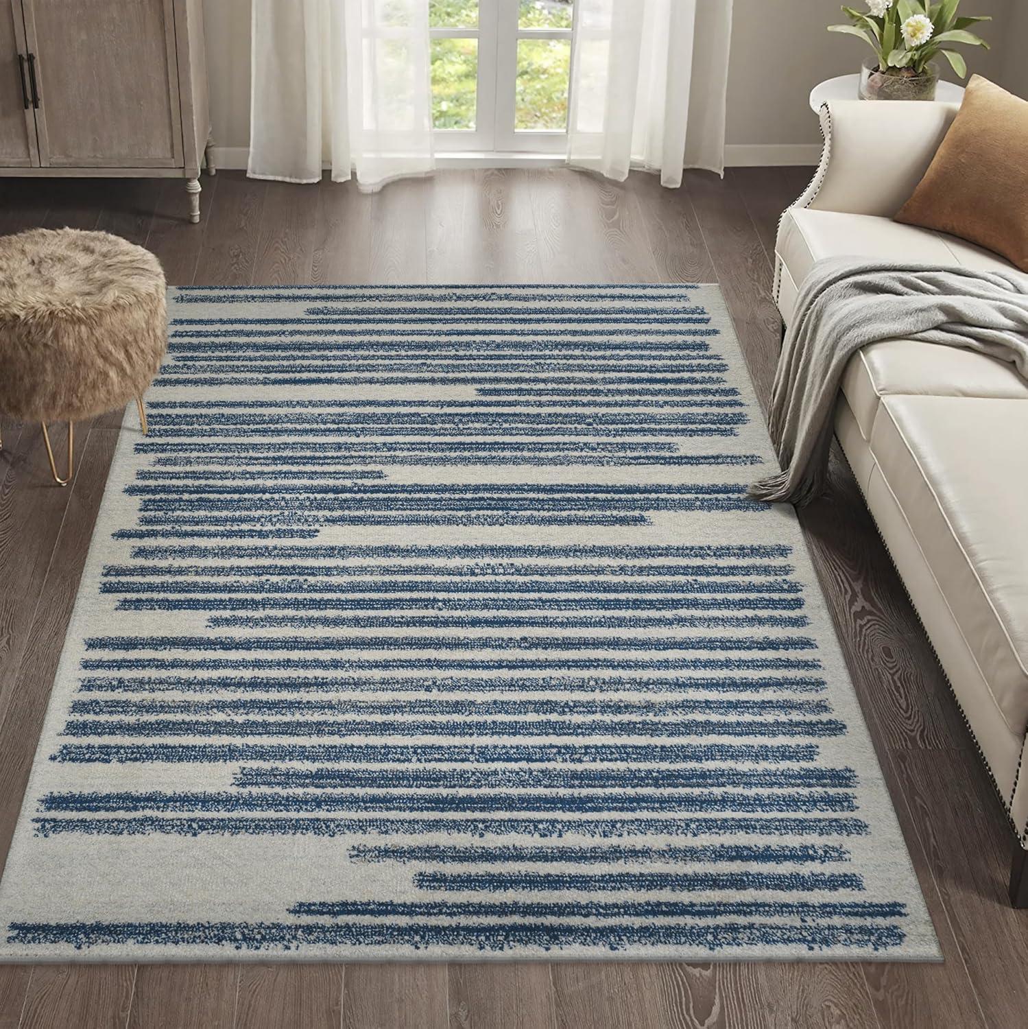 Khalil Cream and Navy Striped Synthetic Area Rug 5'3" x 7'7"