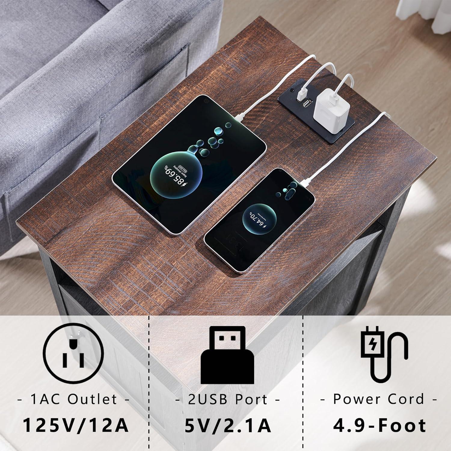 2 PCS Nightstand with Charging Station & Barn Door & Open Shelves，Farmhouse End Table for Bedroom, Living Room, Gray