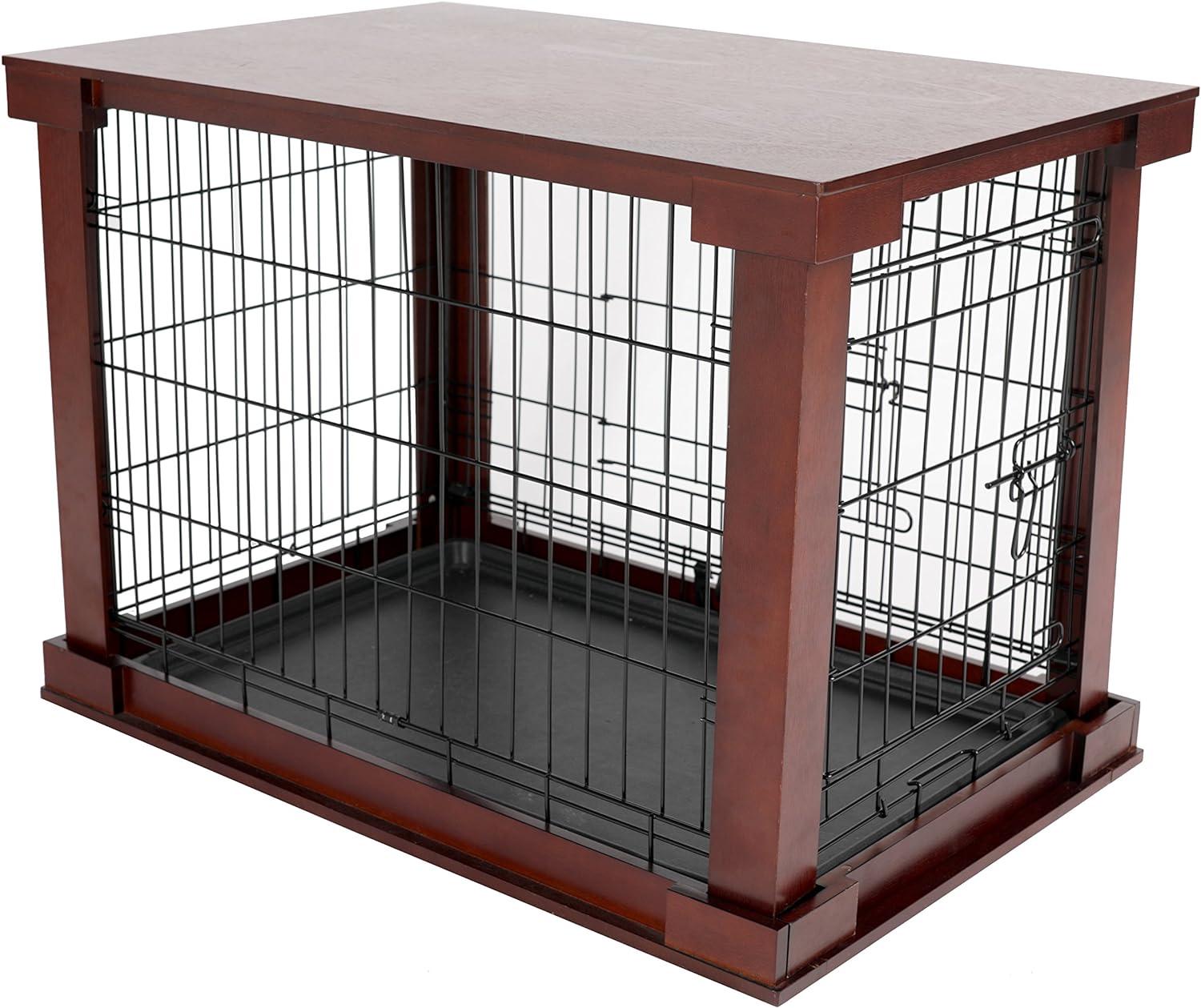 Merry Products 2 Door Decorative Pet Kennel with Wooden Protection Cover, Divider Insert, and Removable Tray End or Side Table, Large, Brown