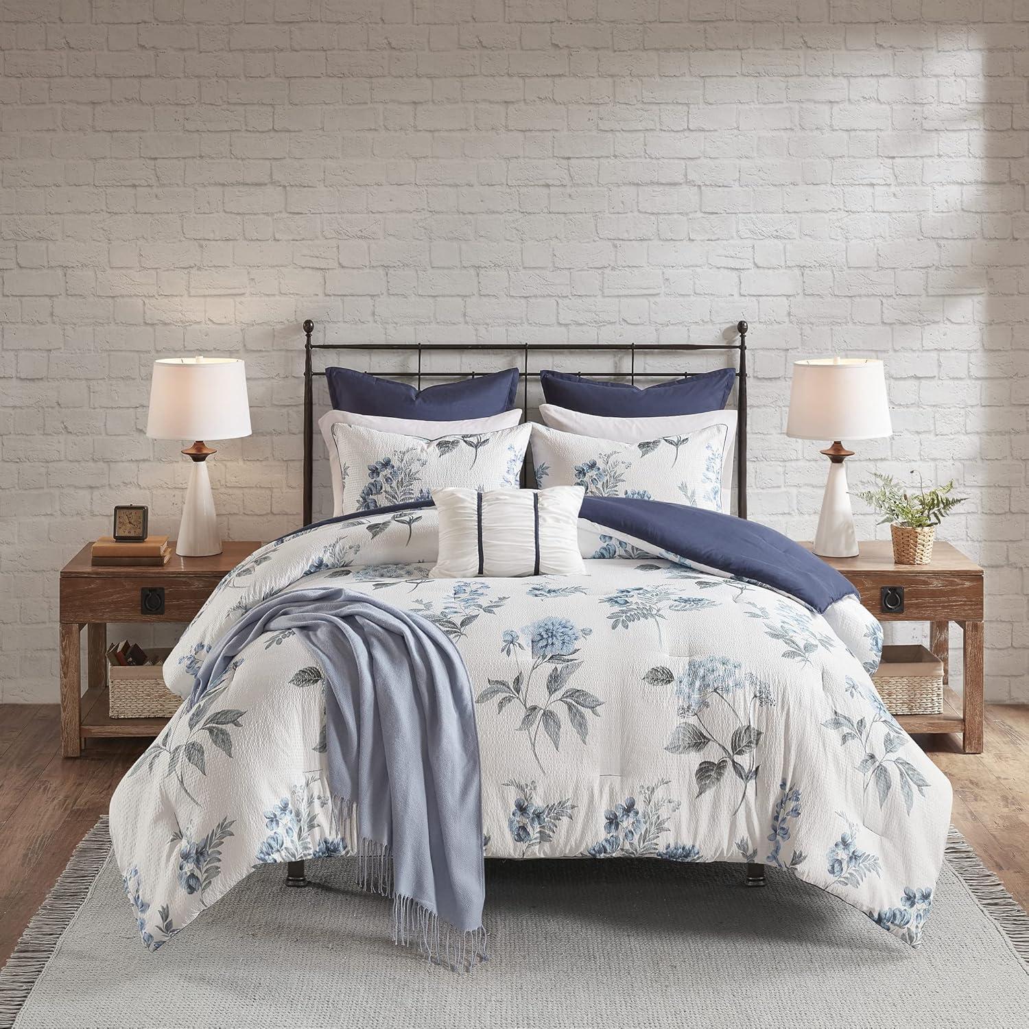 Zennia 7 Piece Seersucker Floral Comforter Set with Throw Blanket