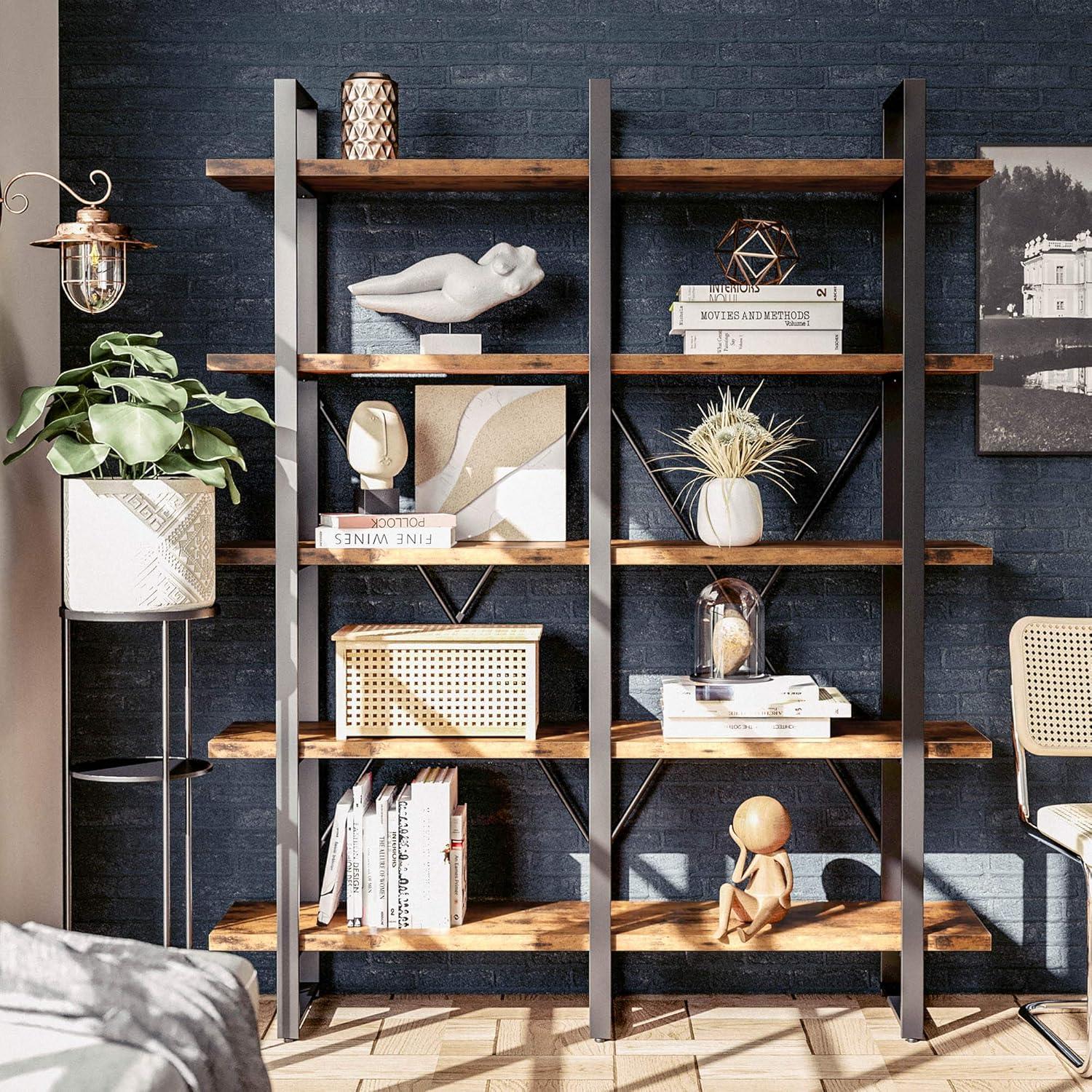 Vintage Brown Industrial 5-Tier Adjustable Bookshelf with Metal Frame