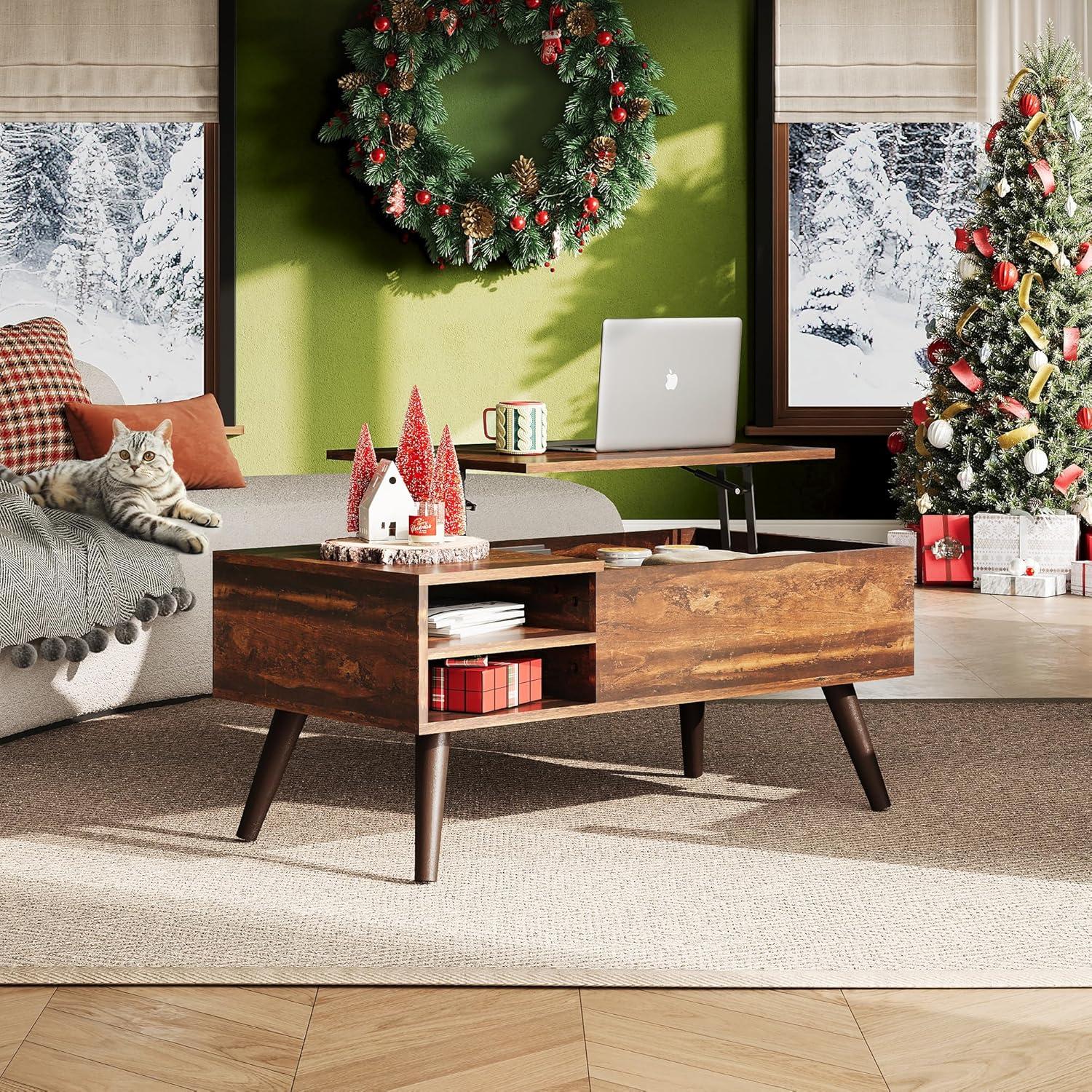 Rustic Oak Lift-Top Coffee Table with Adjustable Storage