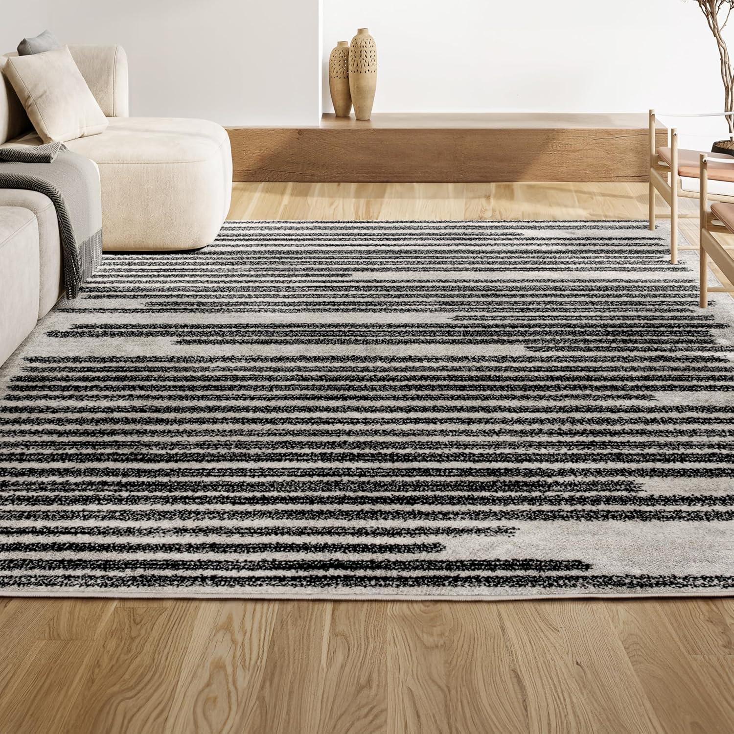 8'x10' Khalil Modern Berber Stripe Area Rug, Cream/Black - JONATHAN Y
