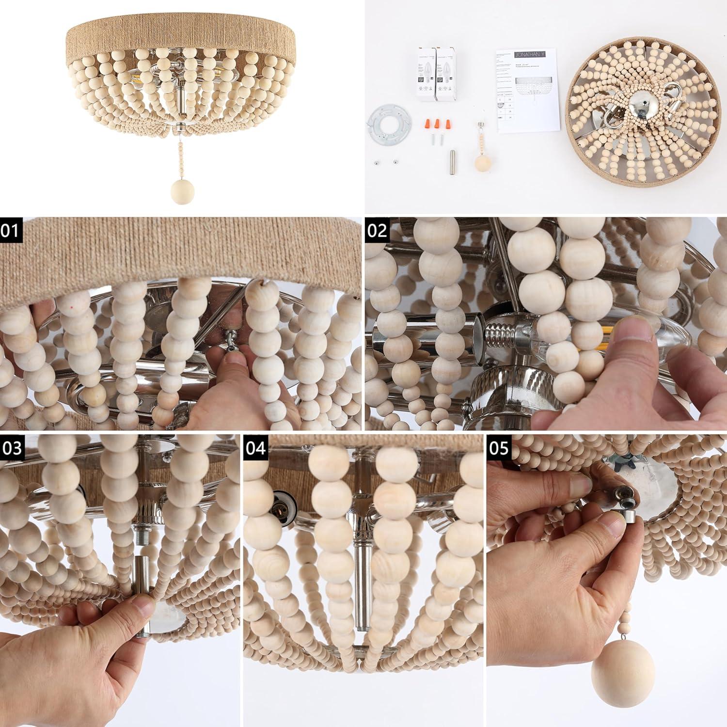 JONATHAN Y Justina Wood Bead 14" 2-Light Farmhouse Bohemian Iron LED Flush Mount, Light Taupe/Chrome, JYL1307A