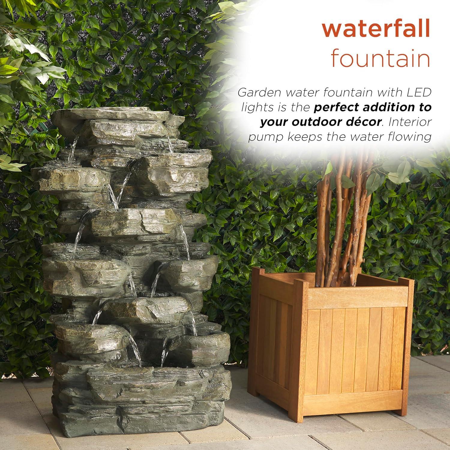 Gray Stone 39" Solar Powered Tiered Rock Fountain with LED Lights