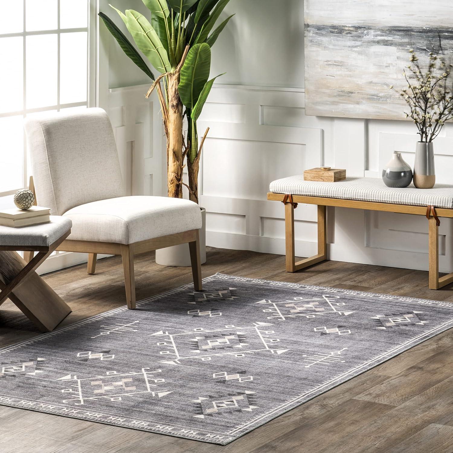 Evalyn Southwestern 5' x 8' Gray Ultra Thin Washable Rug