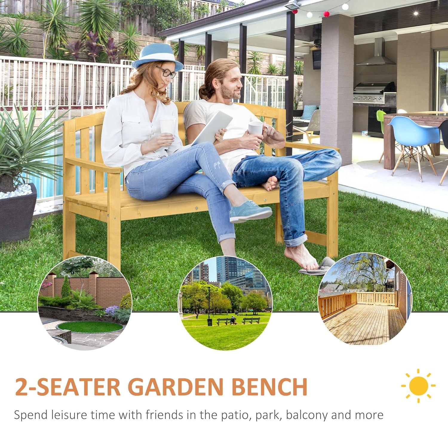 Natural Fir Wood Outdoor 2-Seater Garden Bench with Backrest and Armrests