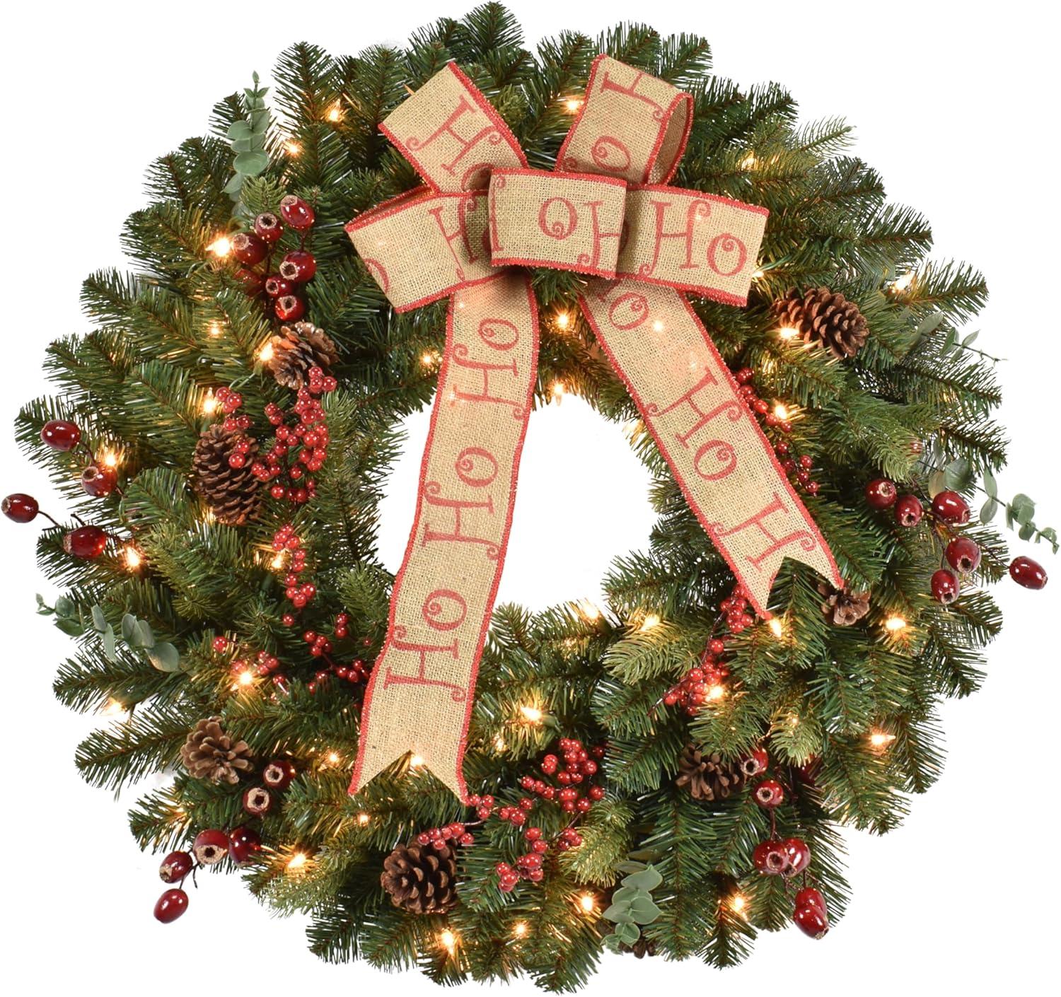 Green 30" Pre-Lit Artificial Christmas Wreath with Burlap Bow