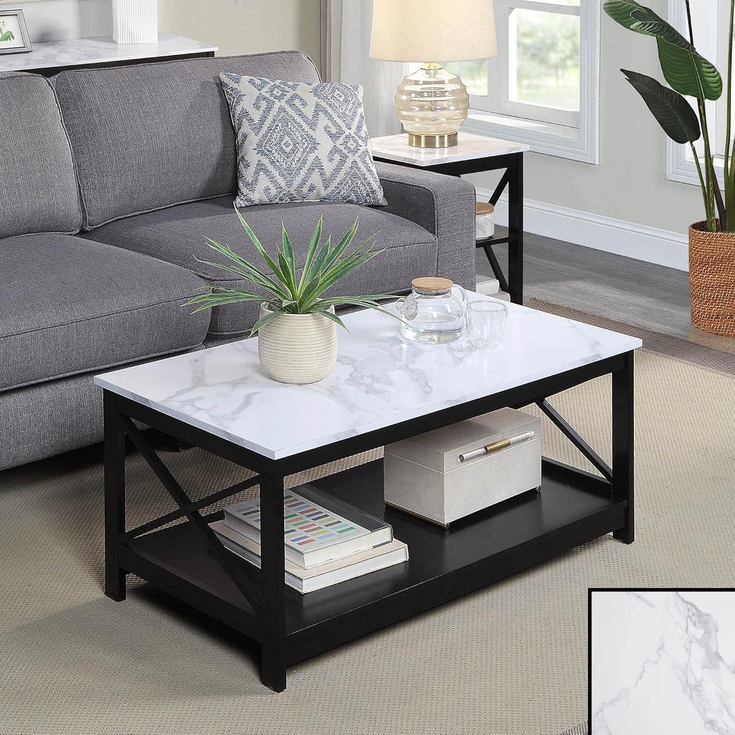 Convenience Concepts Oxford Coffee Table with Shelf, White Faux Marble/Black