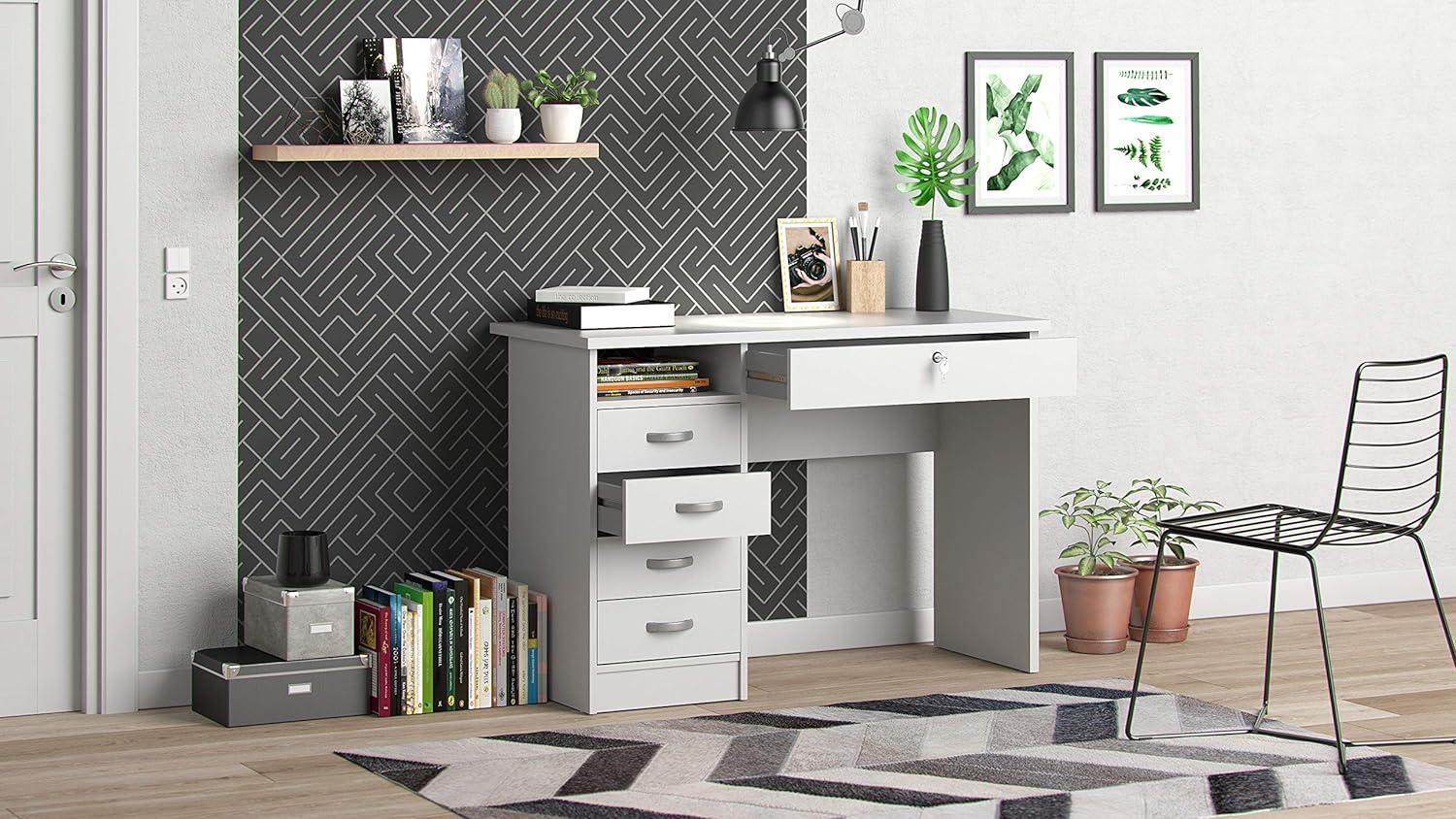 Walden White Engineered Wood Desk with 5 Drawers