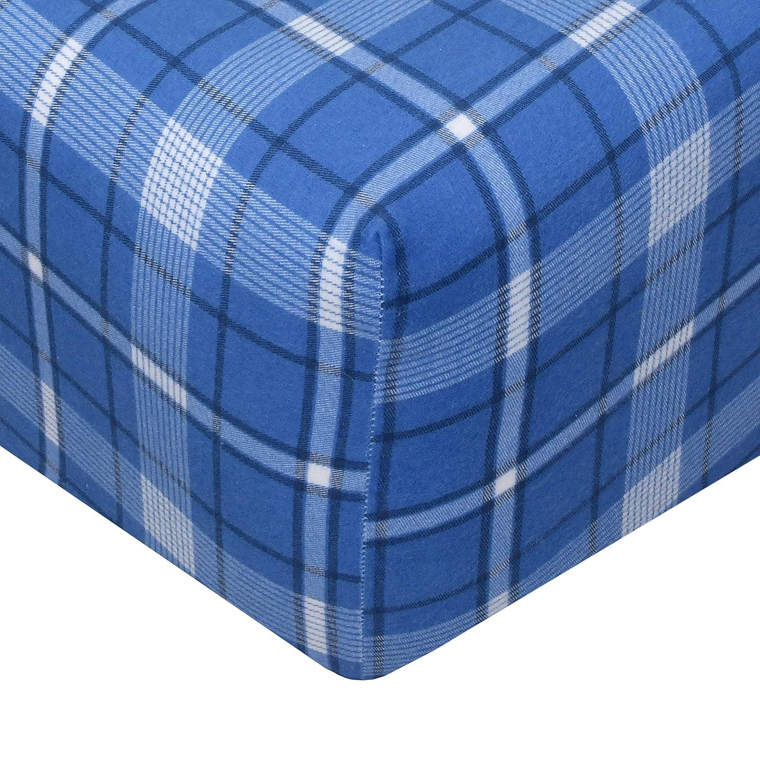 Sleepdown 100% Cotton Flannel Sheets Queen Size Bed Sheets Set with Deep Pockets, Brushed Flannel with Elastic Fitted Sheet Set, Soft & Cozy Sheets 4 Piece Bedding and Pillowcase set, Dark Blue Plaid