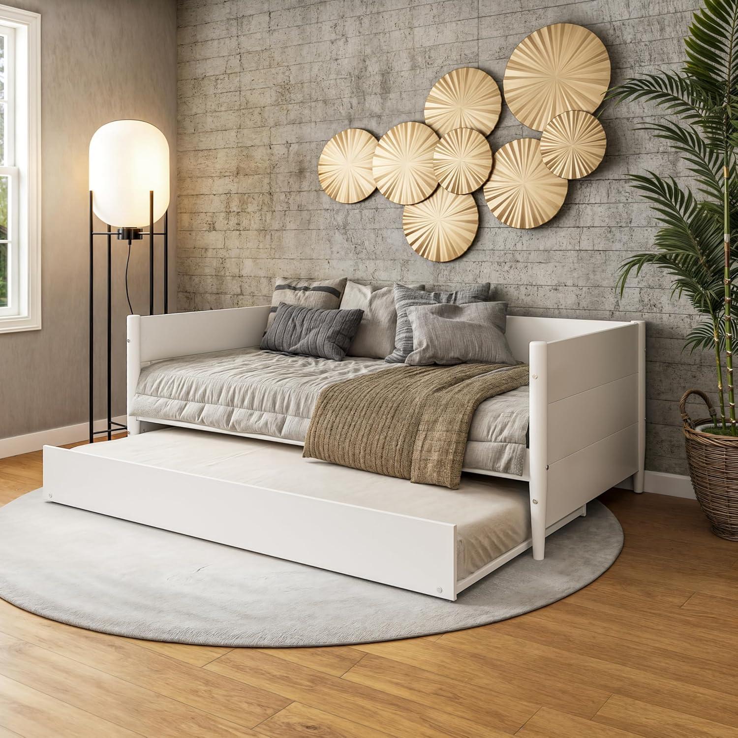 Camaflexi Mid-Century Wood Storage Twin Size Daybed with Trundle White