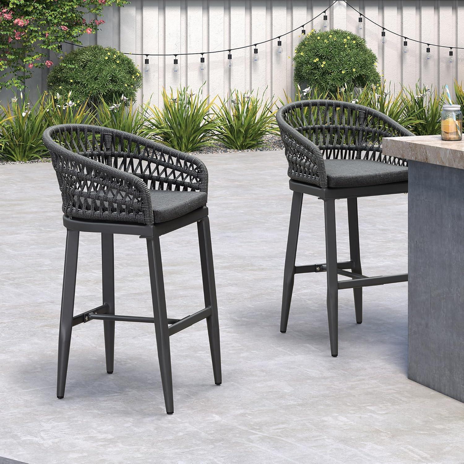 PURPLE LEAF Outdoor Rattan 29" Bar Stools Set of 2, Modern Boho Aluminum Patio Bar Height Chair with Cushion and Back for Outdoor and Indoor, Grey