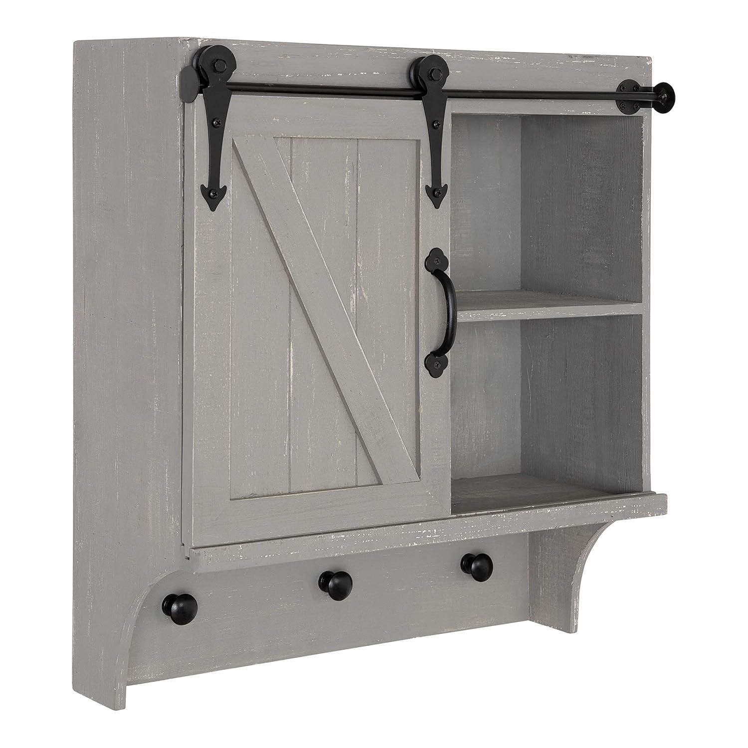 Kate and Laurel Cates Farmhouse Cabinet Wall Organizer with Sliding Barn Door and 3 Knobs, 18 x 8 x 20, Gray, Shabby-Chic Farmhouse-Inspired Mail and Key Holder for Wall