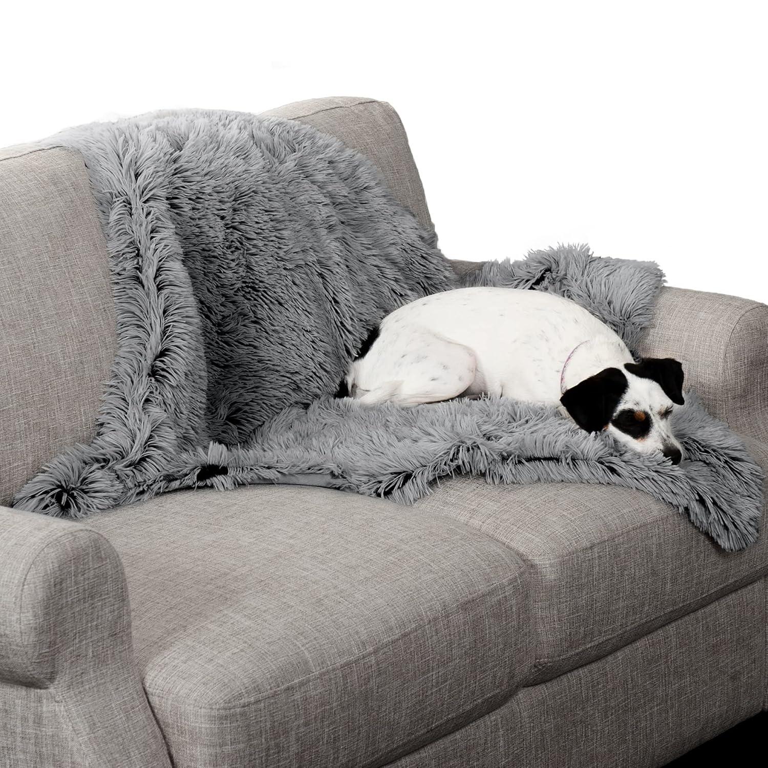 QUALITY FLOORING INC. Waterproof Throw Blanket For Dogs & Indoor Cats, Washable - Shaggy Plush Calming Long Faux Fur & Velvet Dog Blanket