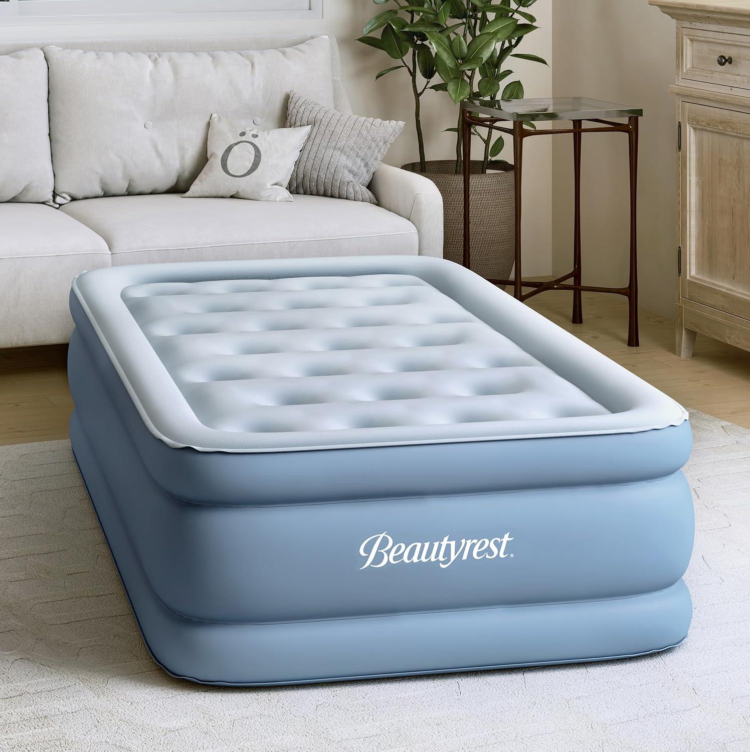 Twin Blue Vinyl Air Bed Mattress with Pump and Raised Edge